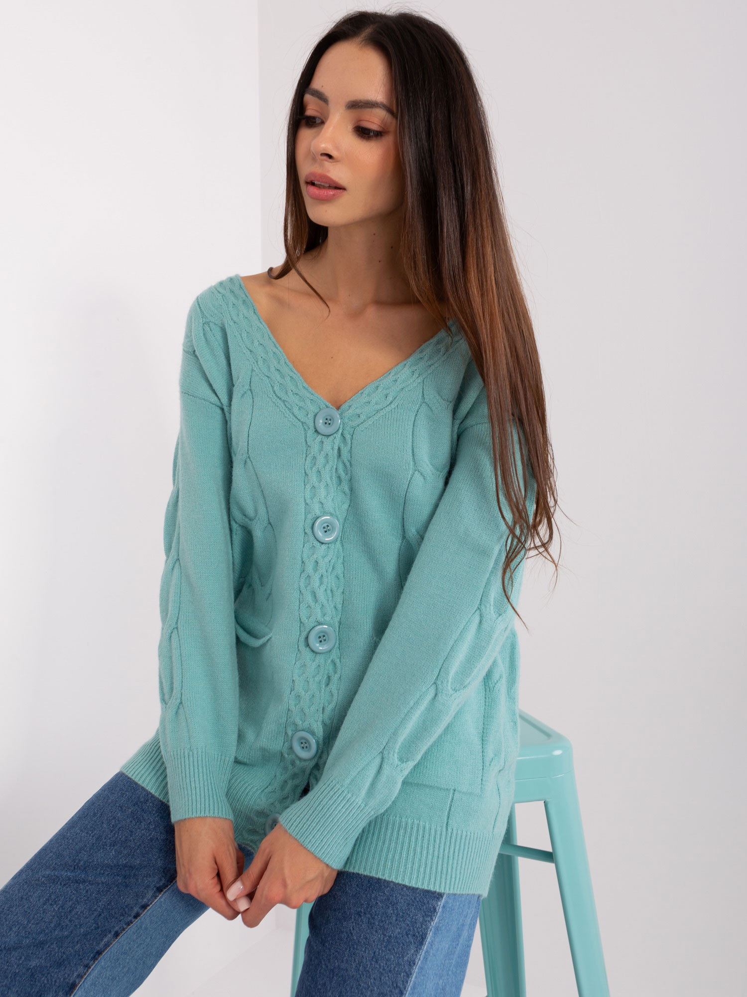 Tyrkysový sveter na gombíky -AT-SW-2241.36P-mint Veľkosť: ONE SIZE