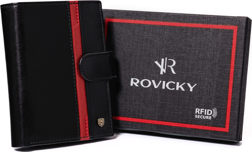 Rovicky Čierna kožená peňaženka s červeným pruhom L188 [DH] Portfel meski skórzany N62L-RVTP-3067 Bl Veľkosť: ONE SIZE