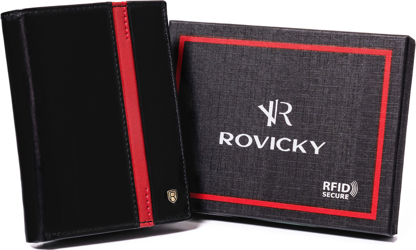 Rovicky Čierna kožená peňaženka bez zapínania s červeným pruhom L192 [DH] N62-RVTP-3050 Bla Veľkosť: ONE SIZE