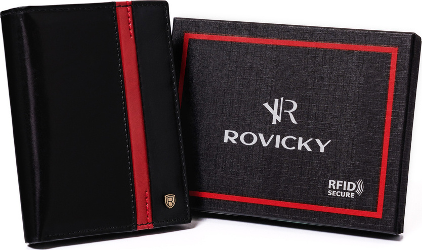 Rovicky Čierna kožená peňaženka bez zapínania s červeným pruhom L194 [DH] N575-RVTP-3074 Bl Veľkosť: ONE SIZE