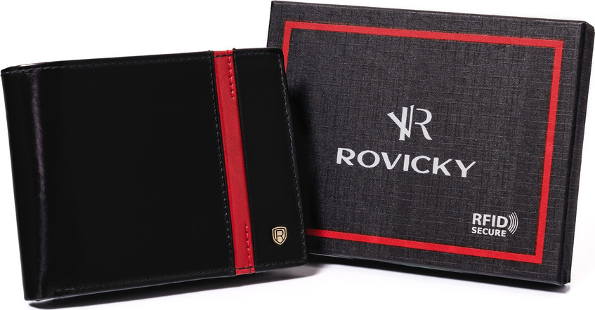 Rovicky Čierna kožená peňaženka bez zapínania s červeným pruhom L195 [DH] N61-RVTP-3036 Bla Veľkosť: ONE SIZE
