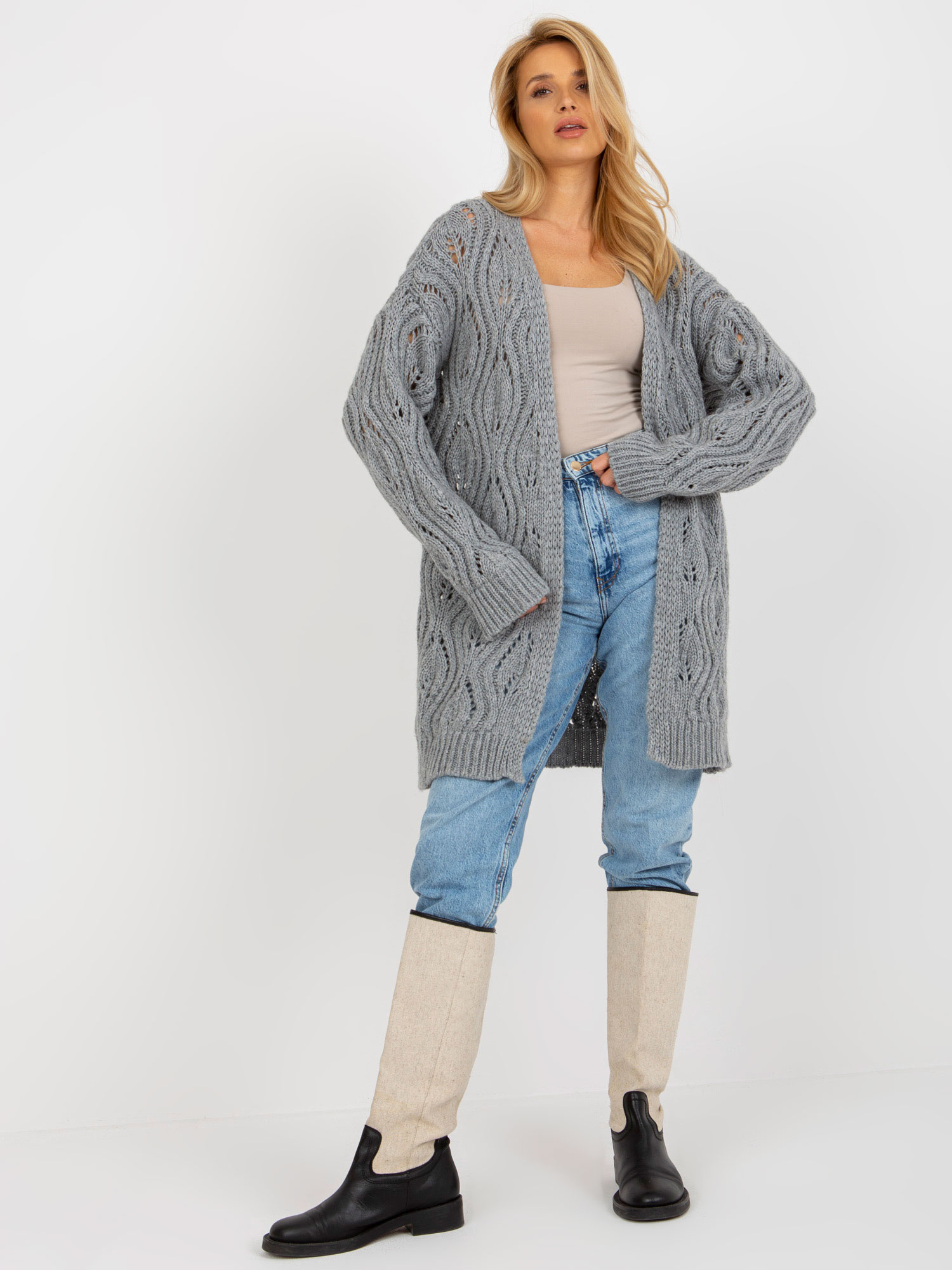 Sivý kardigan so vzormi BA-SW-3021.00P-grey Veľkosť: ONE SIZE