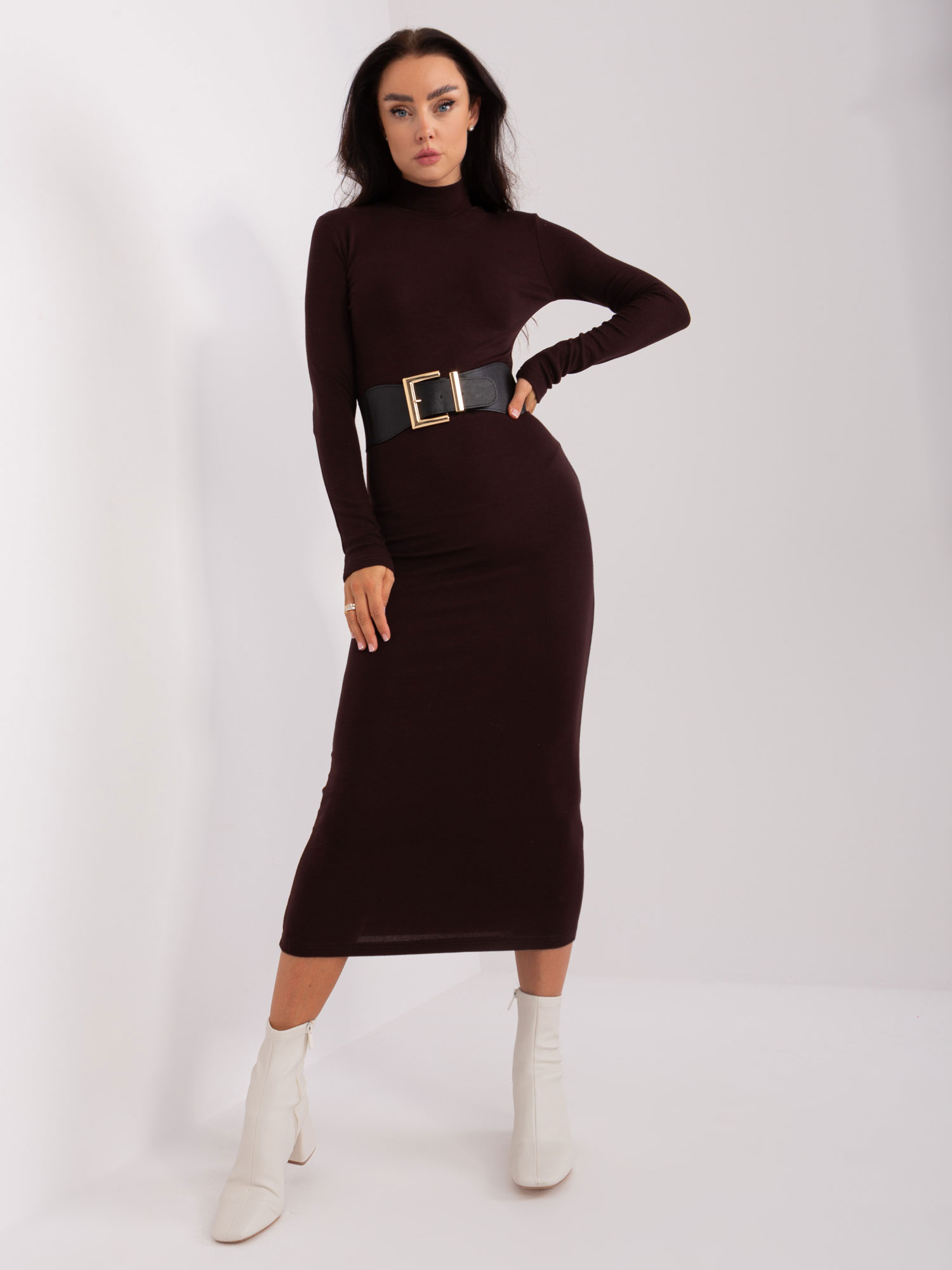 Tmavohnedé midi upnuté šaty s pásikom EM-SK-778.65-dark brown Veľkosť: ONE SIZE