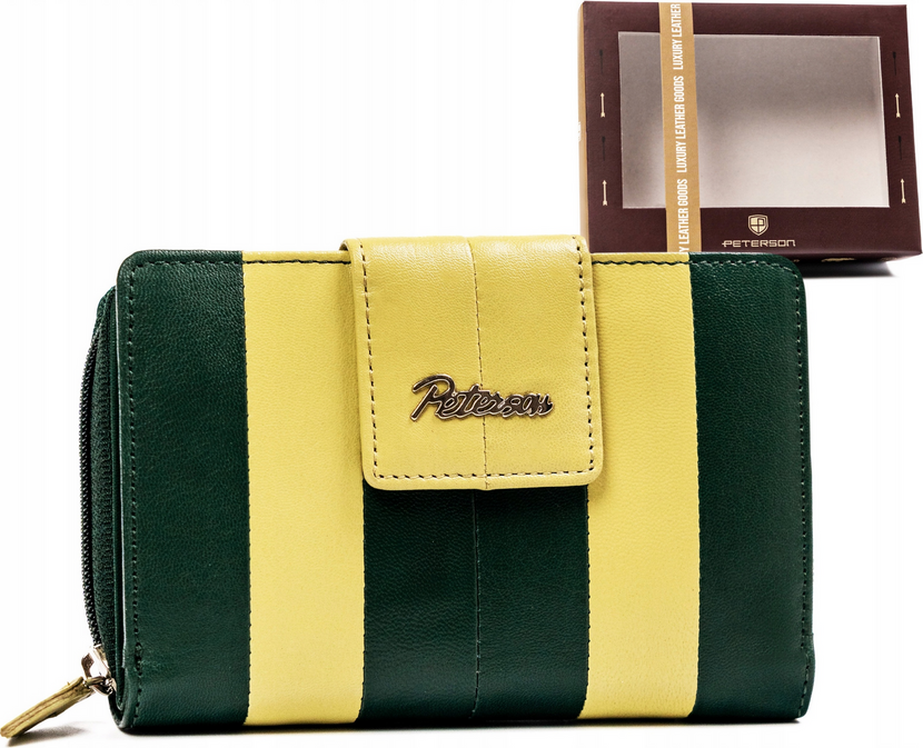 Peterson Tmavozeleno - žltá stredná kožená peňaženka Y441 [DH] PTN KA-18 Veľkosť: ONE SIZE