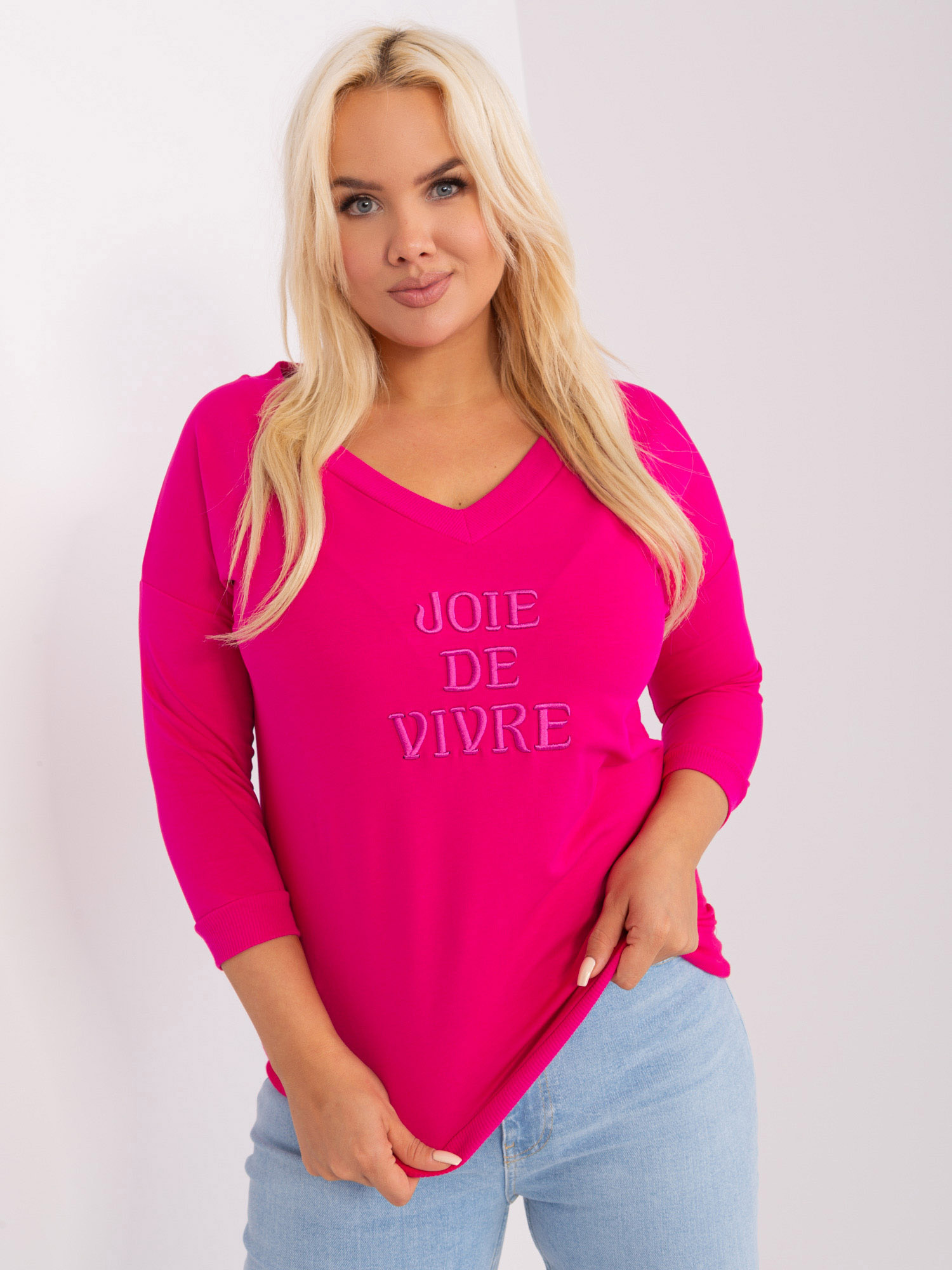 Tmavoružové tričko s výstrihom a 3/4 rukávom RV-BZ-9143.87P-dark pink Veľkosť: ONE SIZE