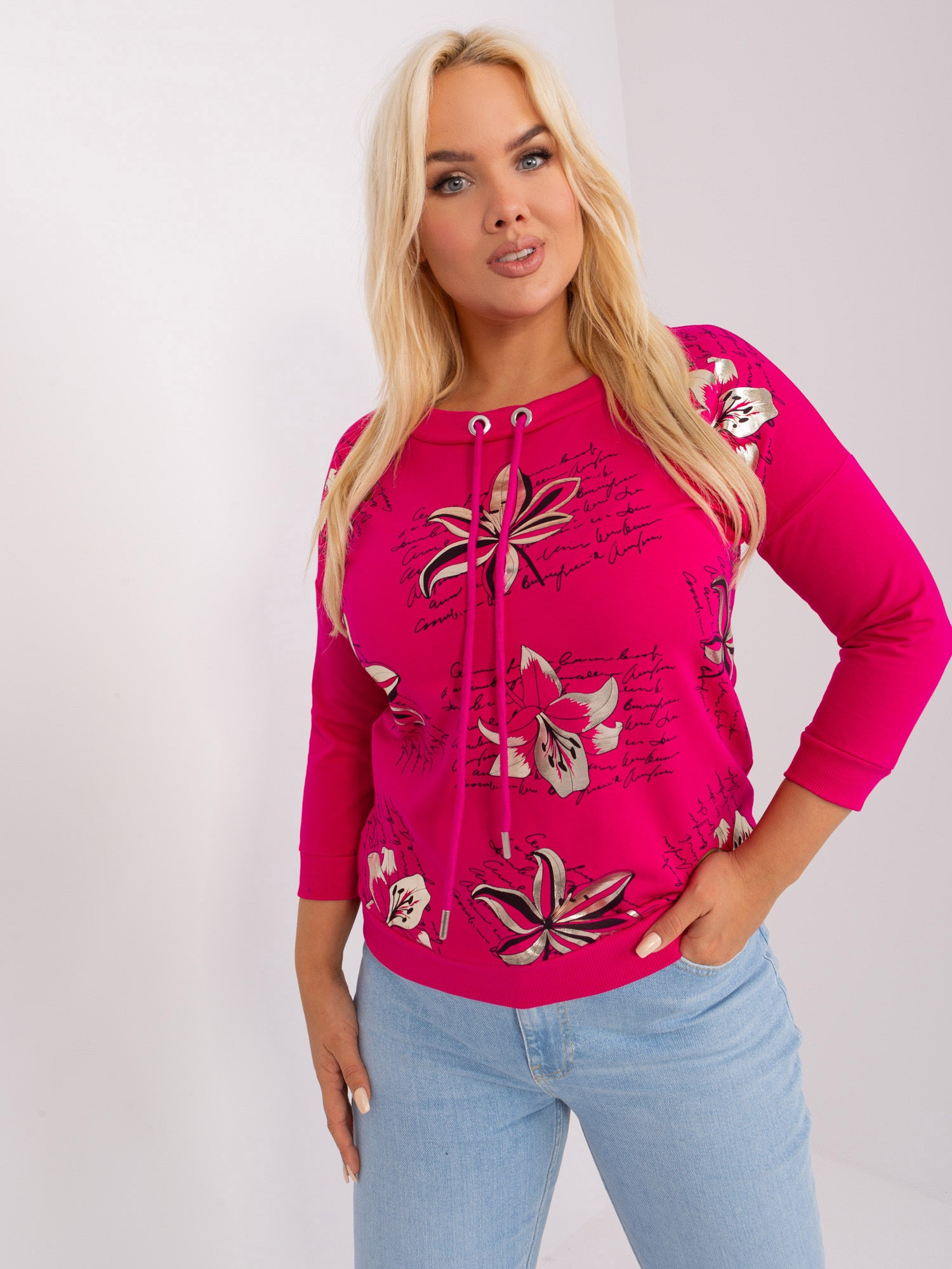 Tmavoružové tričko so šnúrkami a 3/4 rukávom RV-BZ-9073.86-dark pink Veľkosť: ONE SIZE
