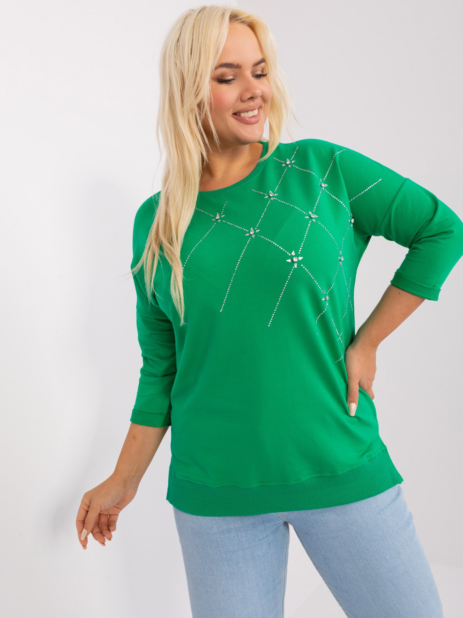Zelená mikinová blúzka s aplikáciou a 3/4 rukávom RV-BZ-9120.29-green Veľkosť: ONE SIZE