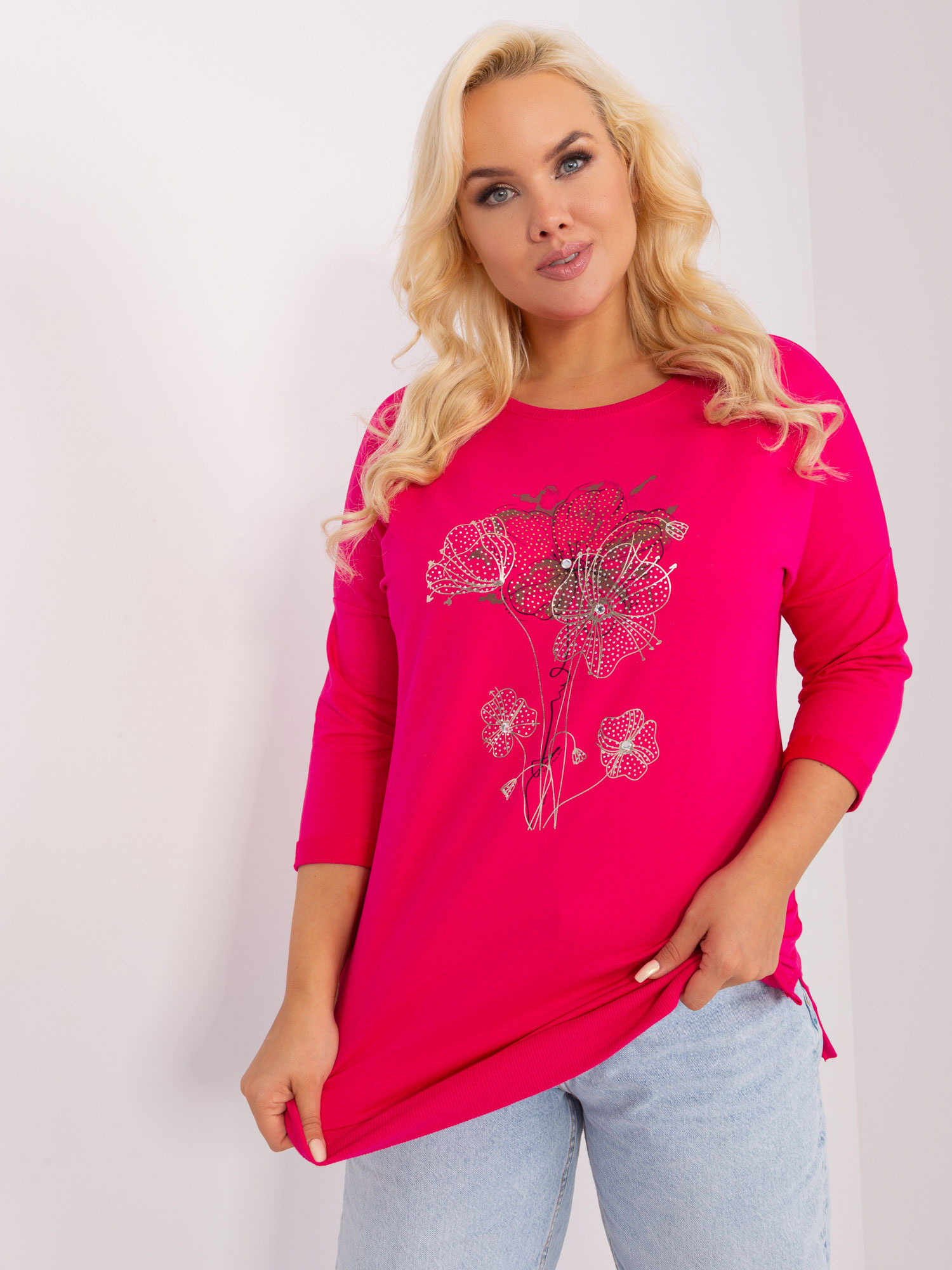 Tmavoružová blúzka s potlačou a 3/4 rukávom RV-BZ-9110.85-dark pink Veľkosť: ONE SIZE