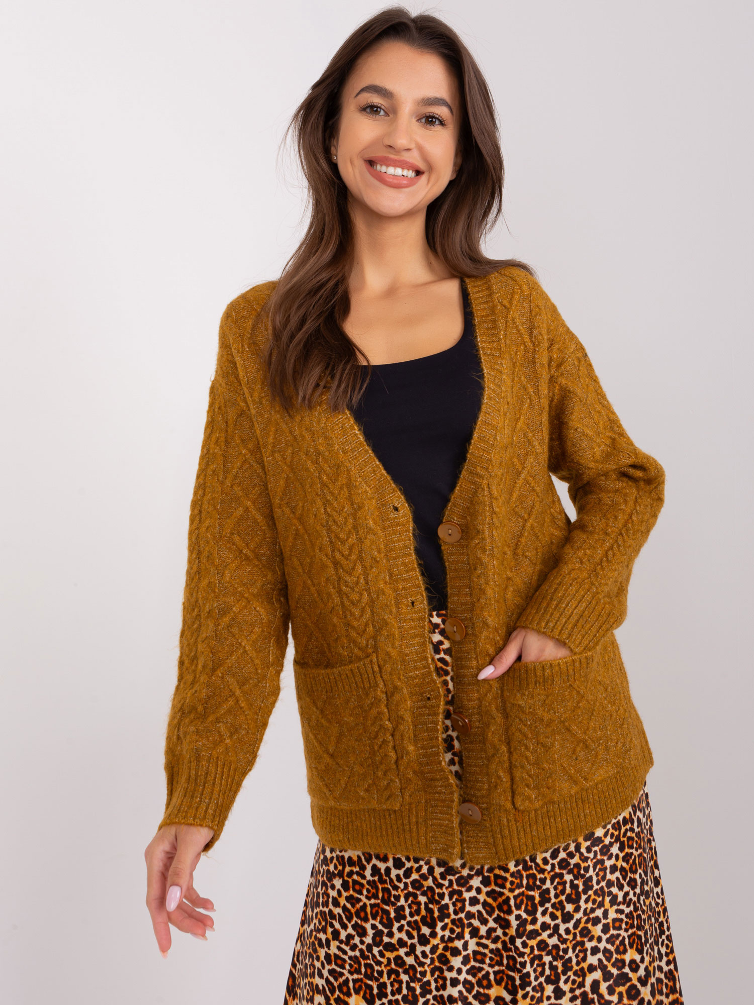 Horčicový sveter na rozopínanie AT-SW-2358.31-dark yellow Veľkosť: ONE SIZE