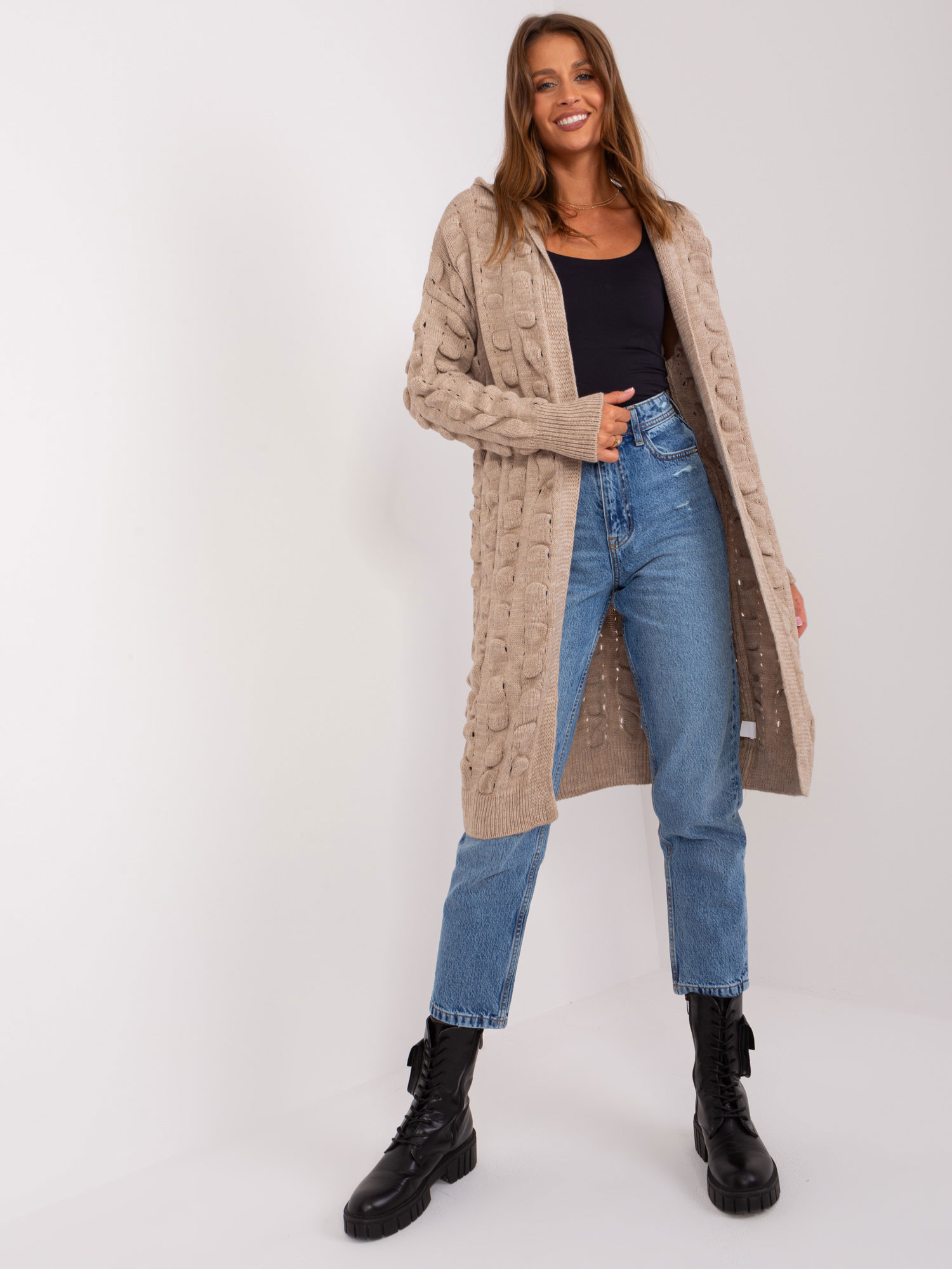 Svetlohnedý vzorovaný kardigán s kapucňou BA-SW-8026.93P-light brown Veľkosť: ONE SIZE