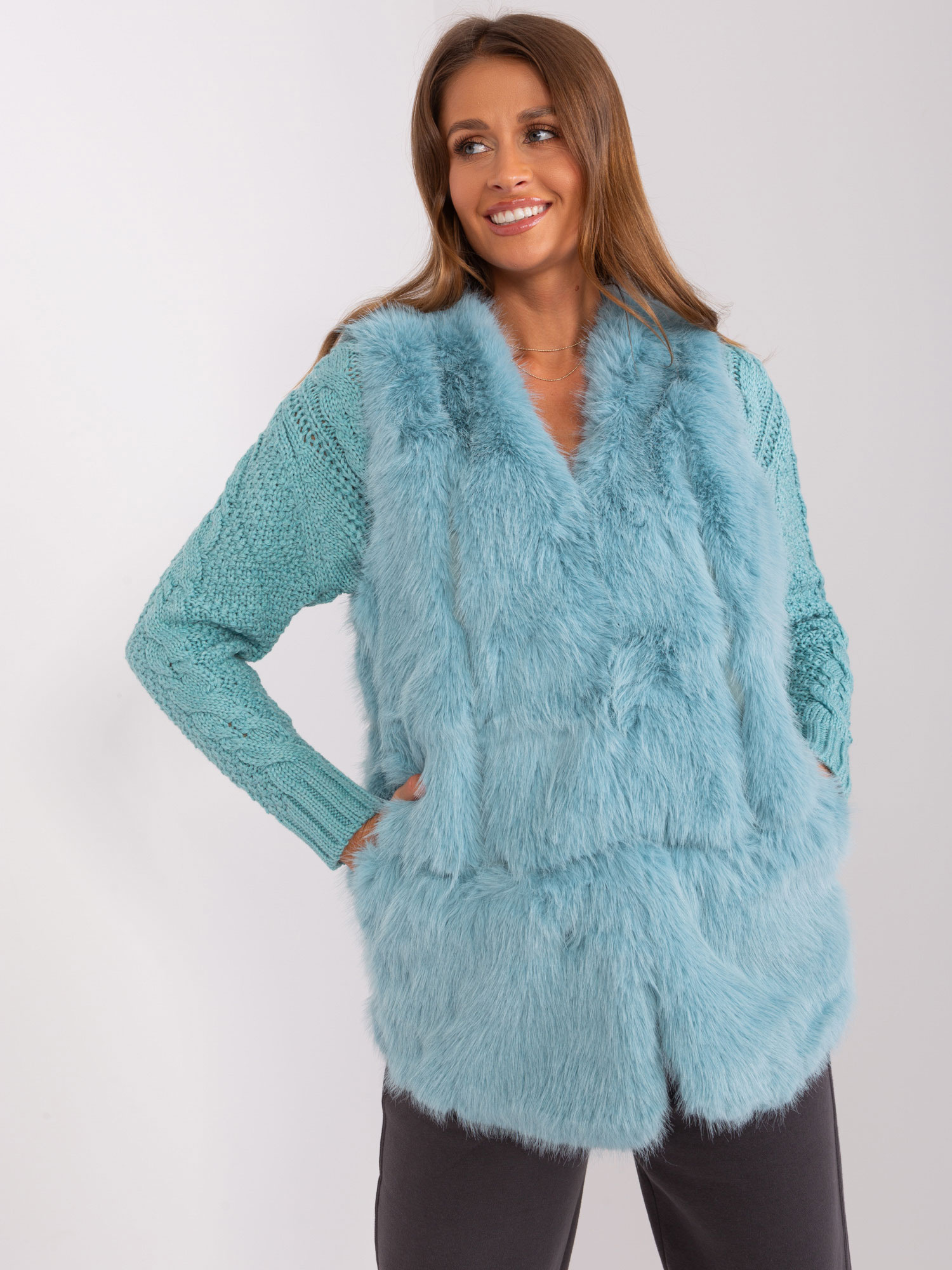 Tyrkysová chlpatá kožúšková vesta AT-KZ-2368.00P-turquoise Veľkosť: 2XL/3XL