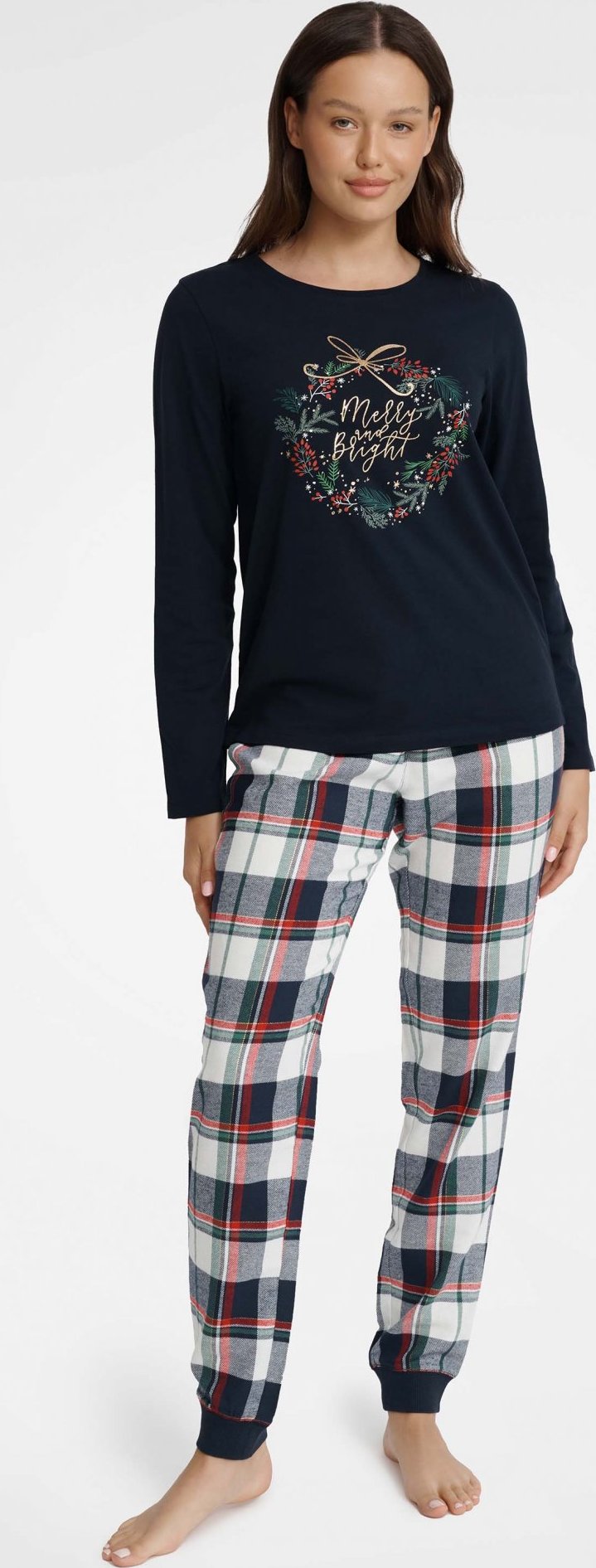 Tmavomodré kárované dámske vianočné pyžamo - Merry 40939-59X navy Veľkosť: XL