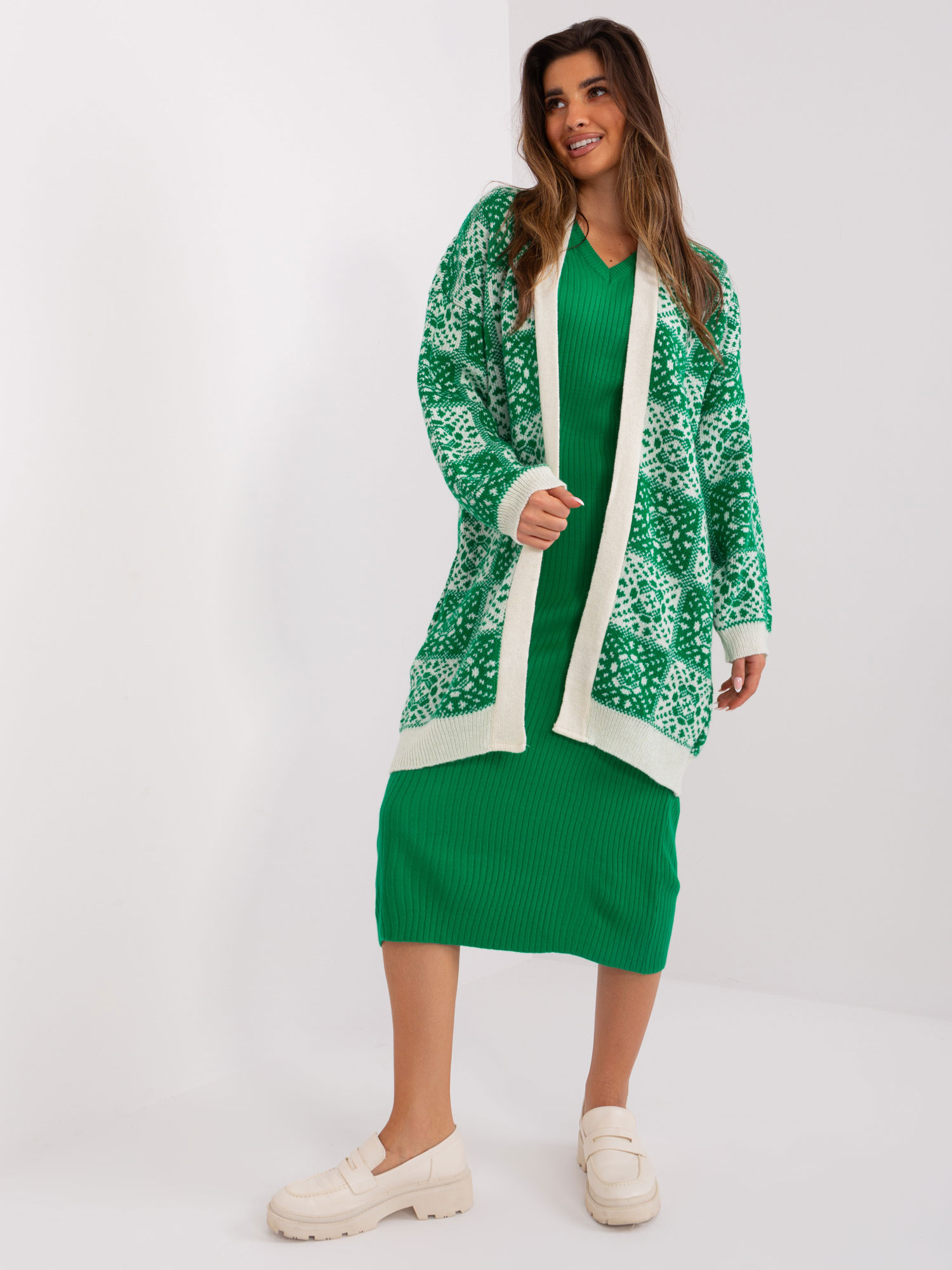 Zelený vzorovaný dlhý kardigán BA-SW-0301-1.26-green Veľkosť: ONE SIZE