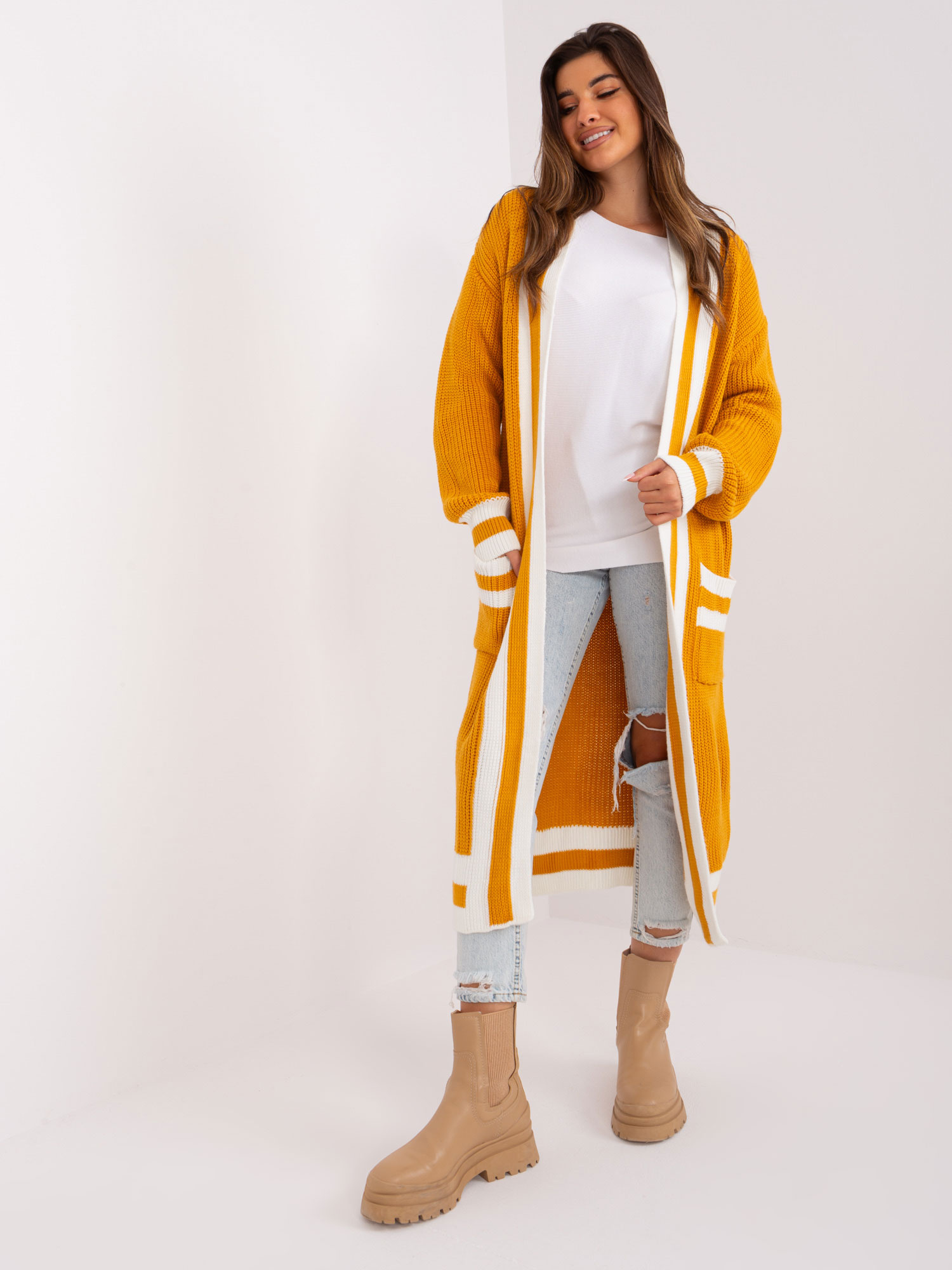 Horčicový dlhý kardigán s vreckami BA-SW-0291-1.56P-dark yellow Veľkosť: ONE SIZE