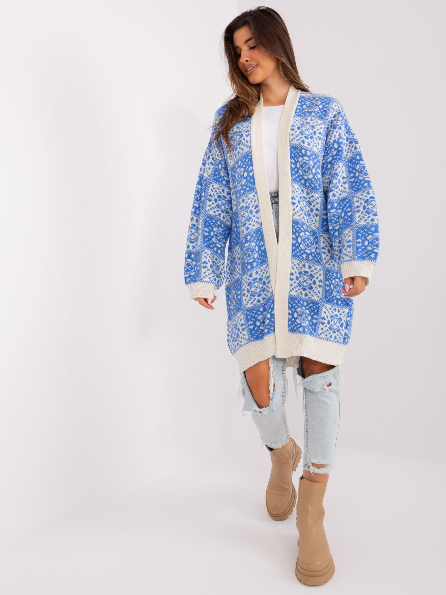 Modrý vzorovaný dlhý kardigán -BA-SW-0301-1.26-blue Veľkosť: ONE SIZE