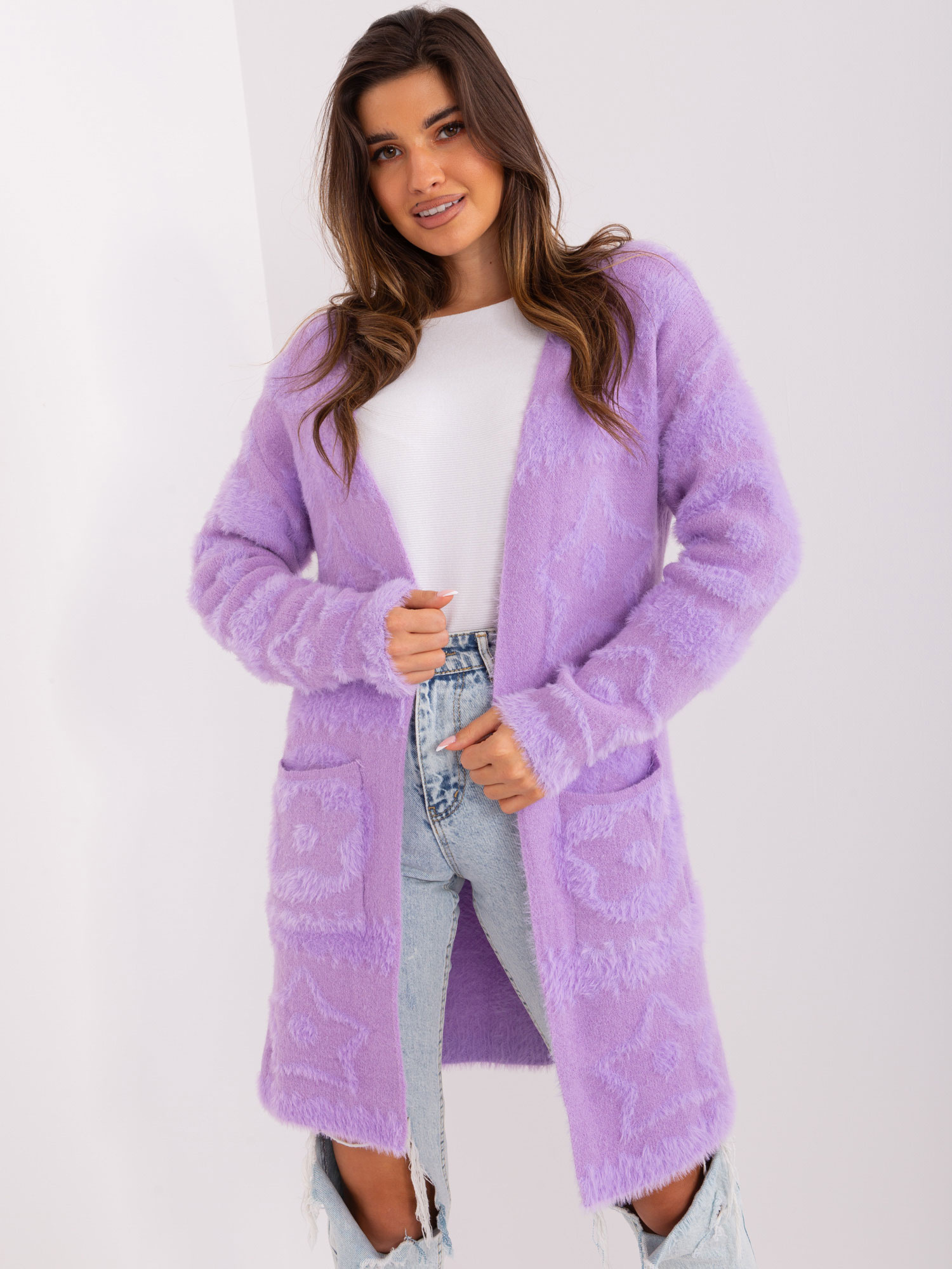 Fialový mäkký kardigán s vreckami AT-SW-234503.00P-light purple Veľkosť: ONE SIZE