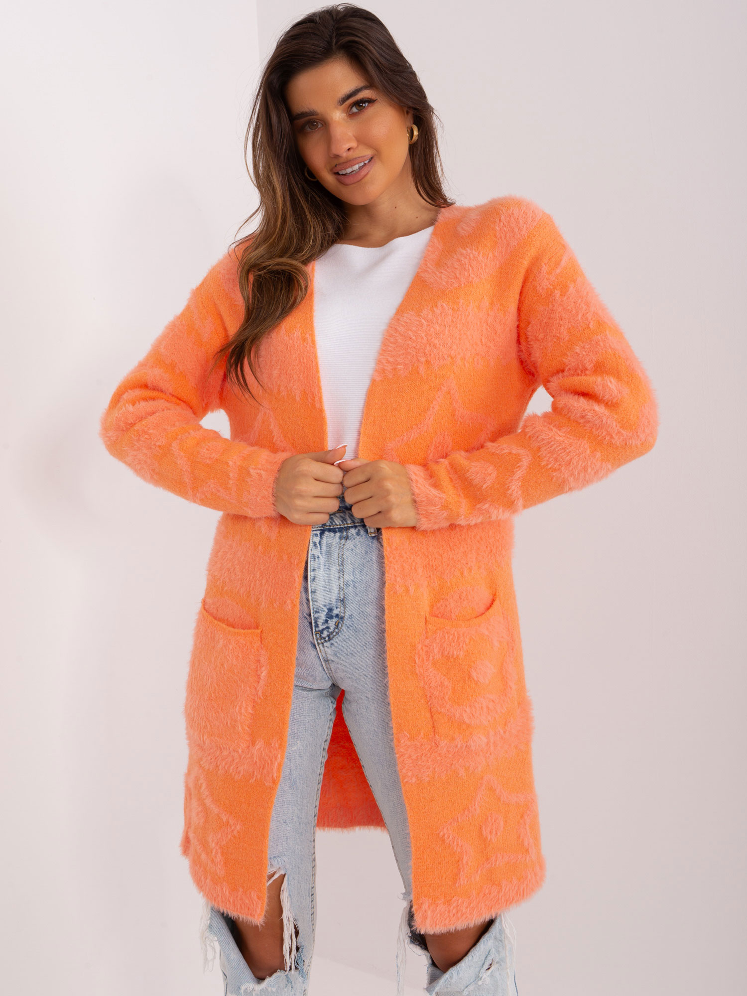 Oranžový mäkký kardigán s vreckami -AT-SW-234503.00P-orange Veľkosť: ONE SIZE