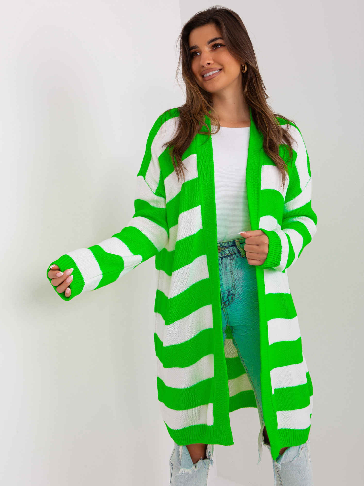 Zeleno-biely pruhovaný kardigán BA-SW-8033.21-fluo green Veľkosť: ONE SIZE
