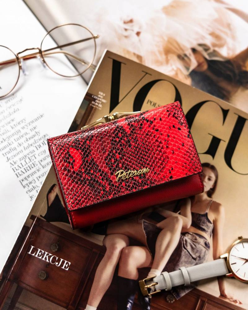 Peterson Červená stredná kožená peňaženka s haďou potlačou Y254 [DH] PTN SM-412 Veľkosť: ONE SIZE