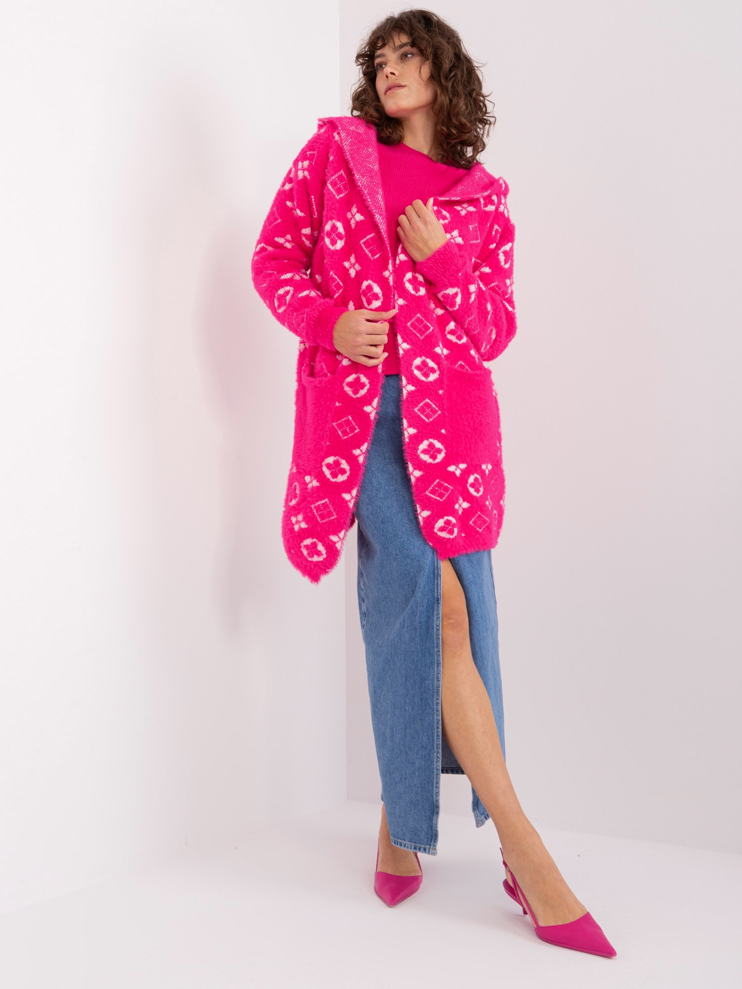 Tmavoružový kardigán so vzormi BA-SW-0298.72P-dark pink Veľkosť: ONE SIZE