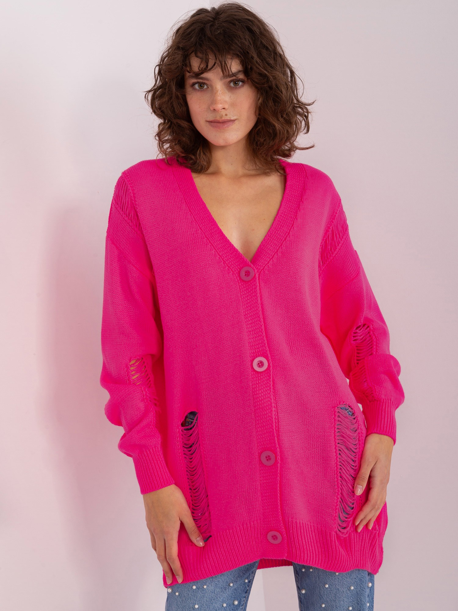 Neónovo ružový kardigán s gombíkmi -BA-SW-8042-1.23-fluo pink Veľkosť: ONE SIZE