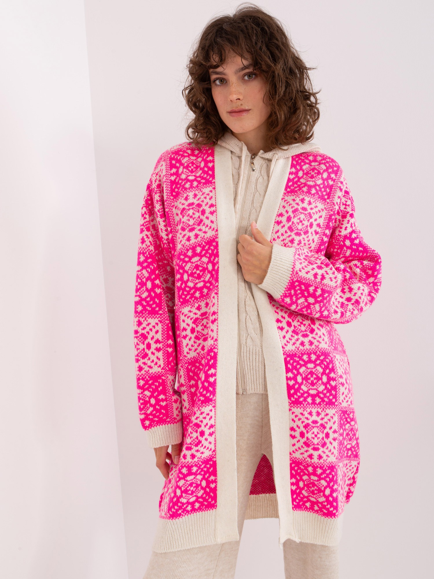 Tmavoružový vzorovaný dlhý kardigán BA-SW-0301-1.26-dark pink Veľkosť: ONE SIZE