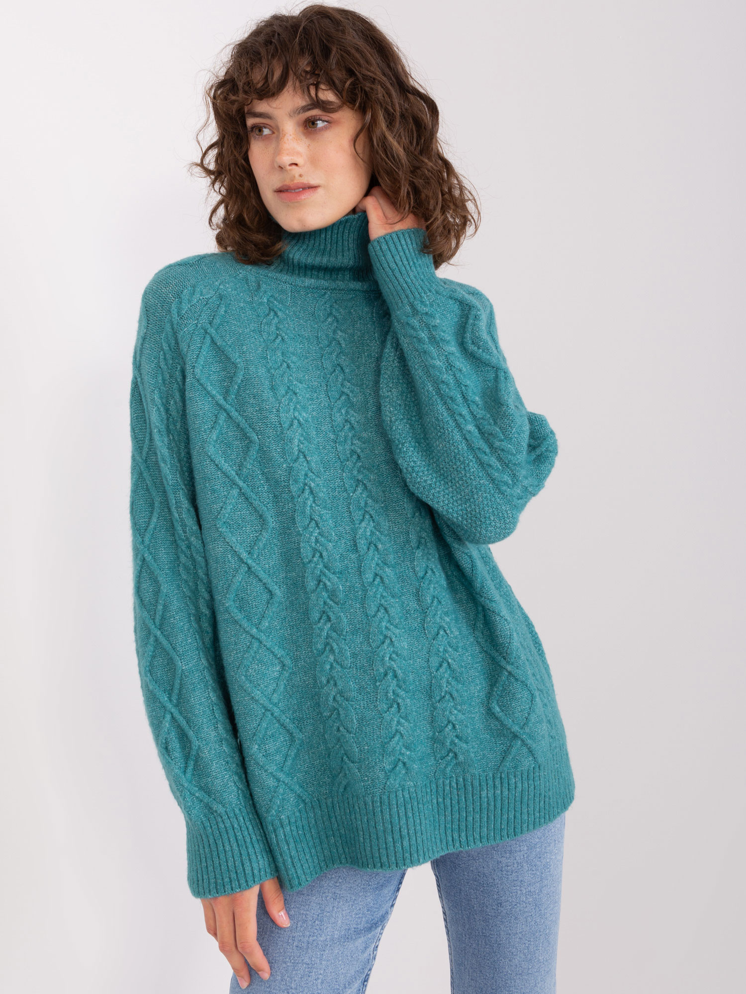Tyrkysový rolák s vrkočovým vzorom AT-SW-2355-2.12P-turquoise Veľkosť: ONE SIZE