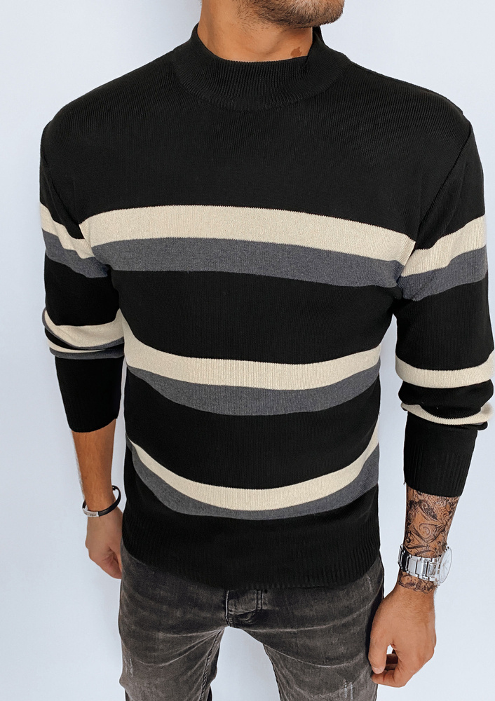Pruhovaný pánsky sveter s rolákom- čierna / sivá / biela WX2127 Veľkosť: XL/2XL
