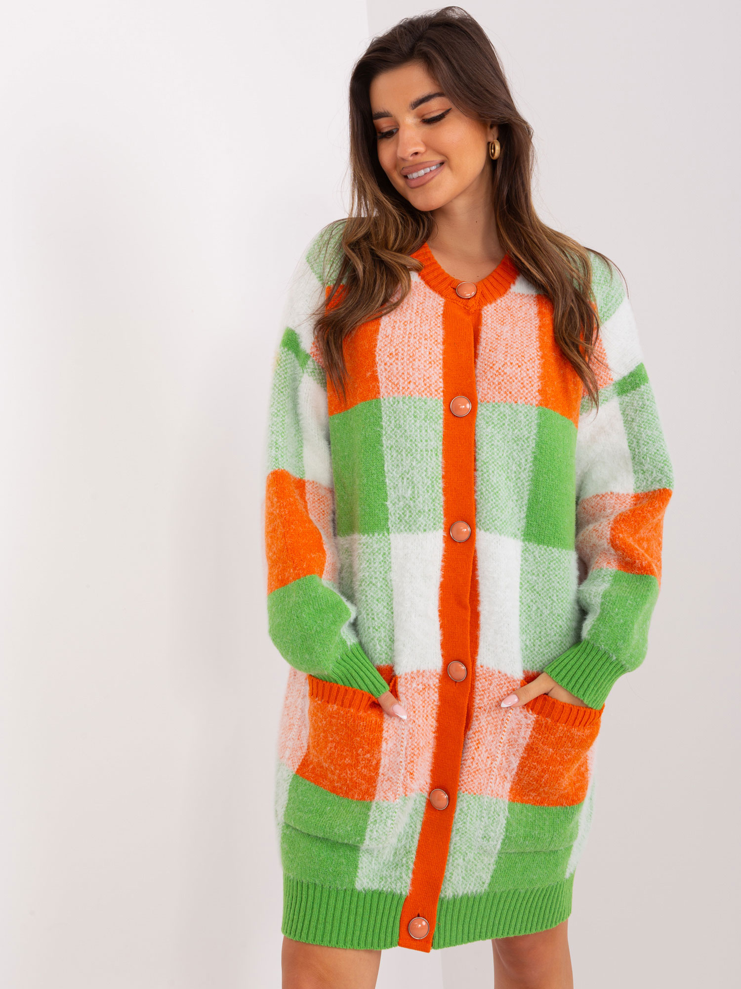 Oranžovo-zelený kockovaný kardigán na gombíky -BA-SW-0318.33X-orange-green Veľkosť: ONE SIZE