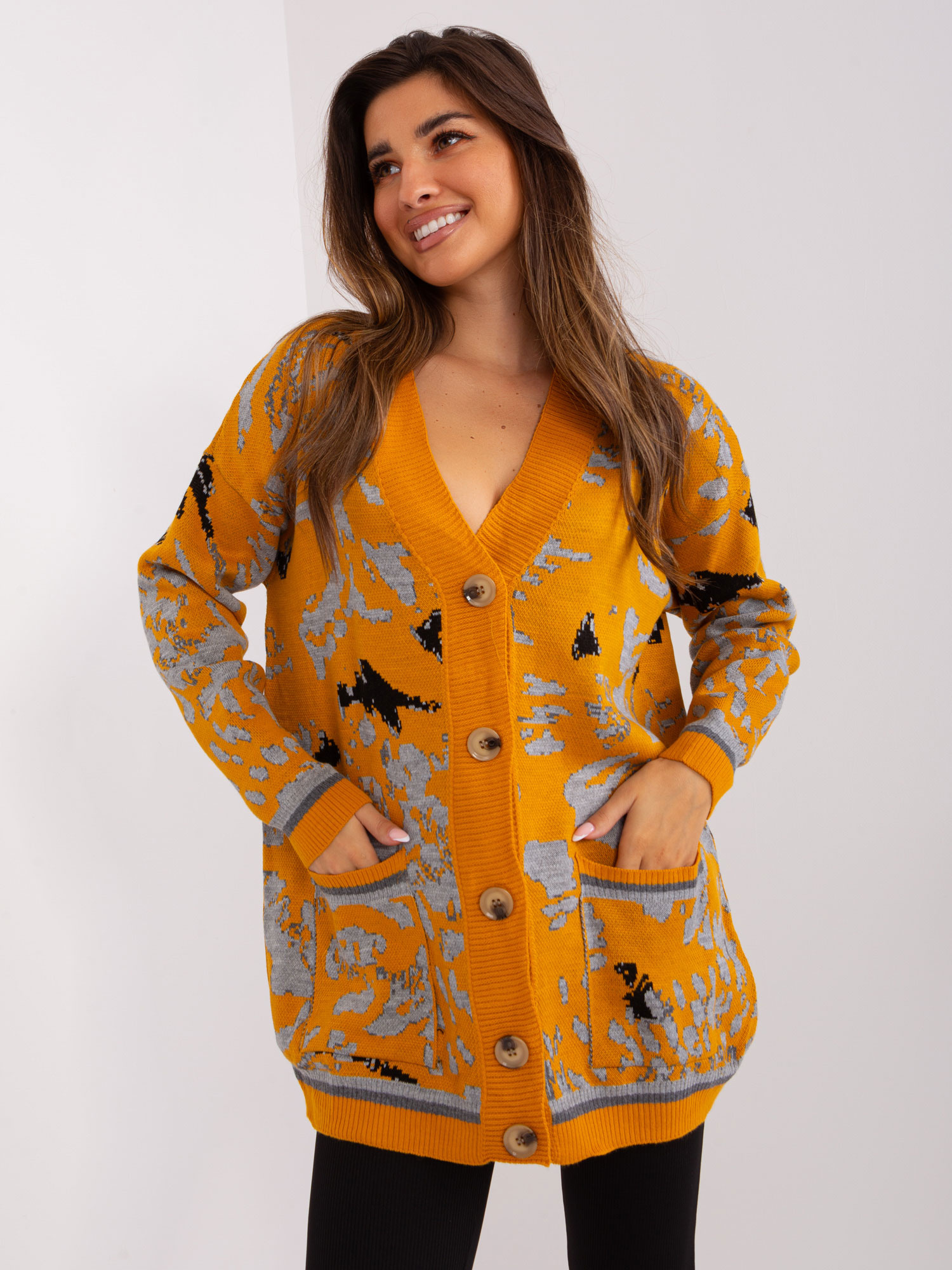 Horčicový vzorovaný sveter na gombíky BA-SW-8045.30X-dark yellow Veľkosť: ONE SIZE