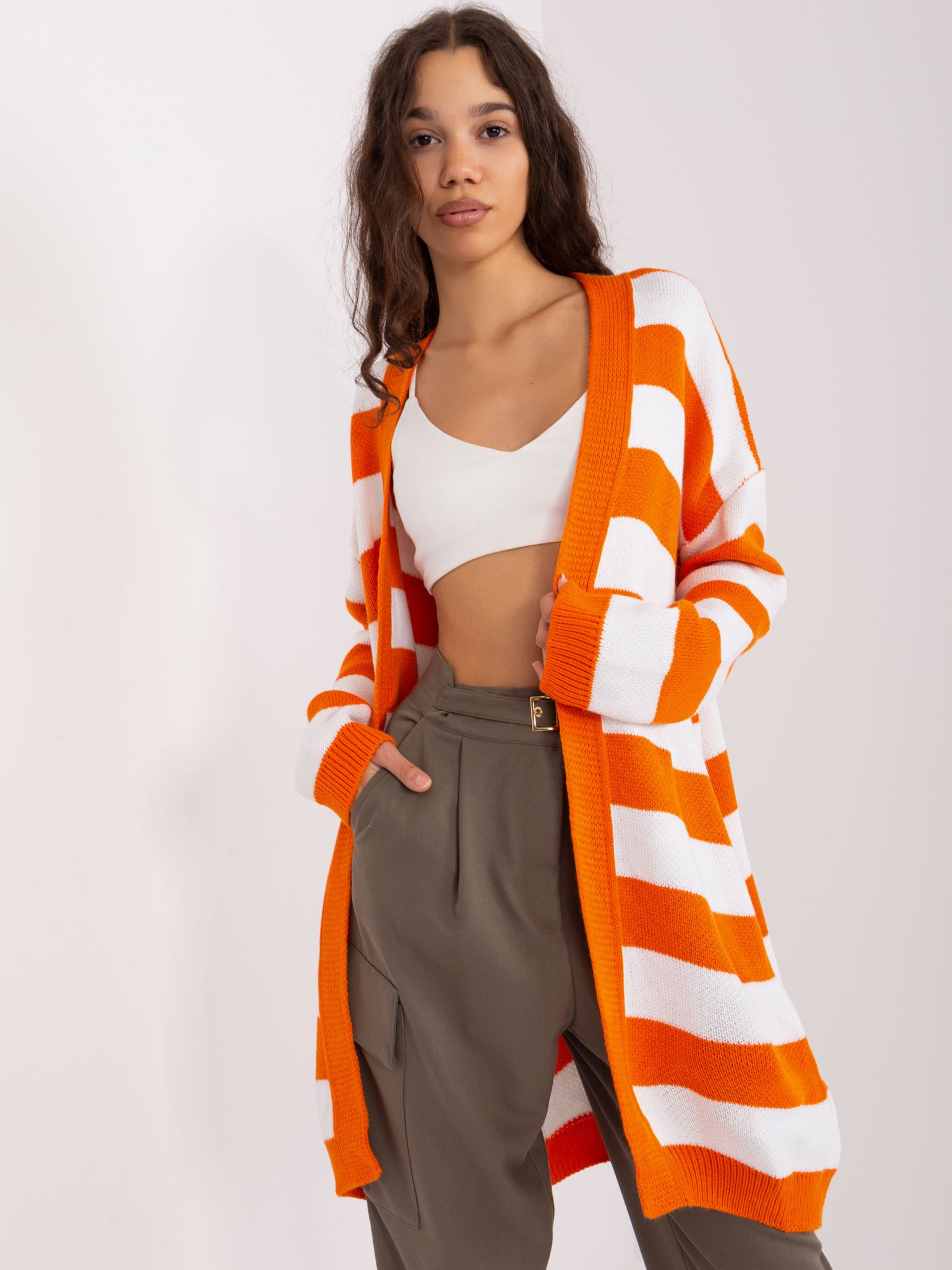 Oranžovo-biely pruhovaný dlhý kardigán BA-SW-8033.21-orange Veľkosť: ONE SIZE