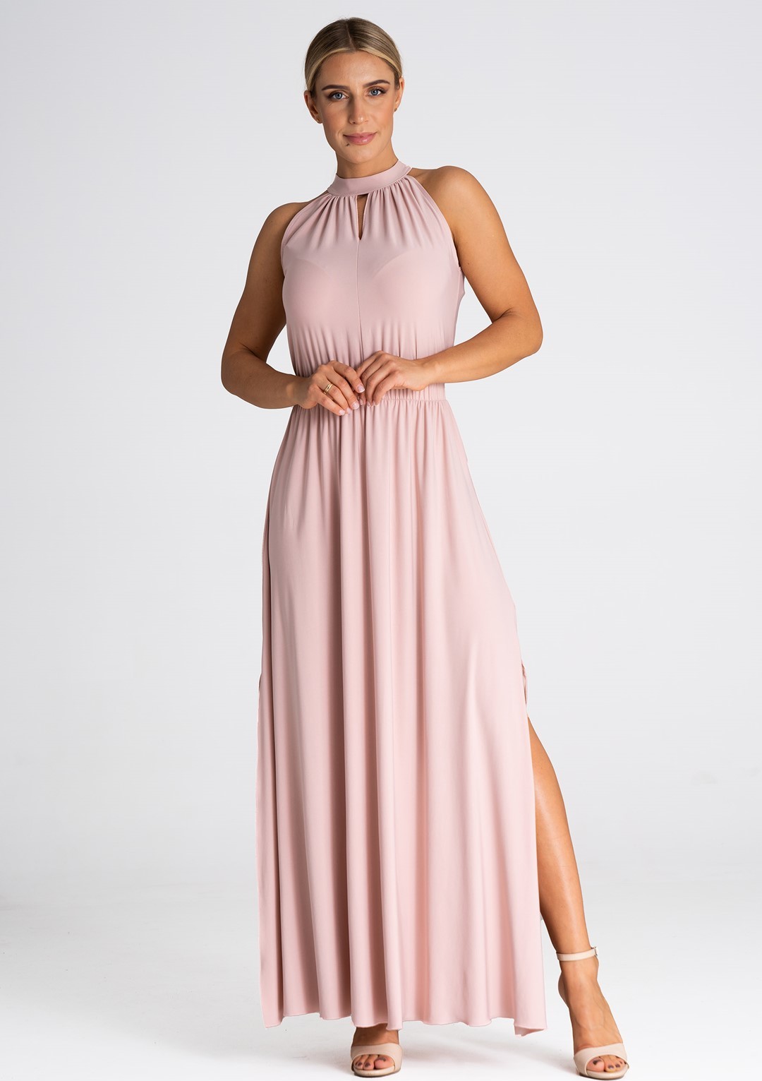 Svetloružové dlhé šaty s rozparkami M945 light pink Veľkosť: S