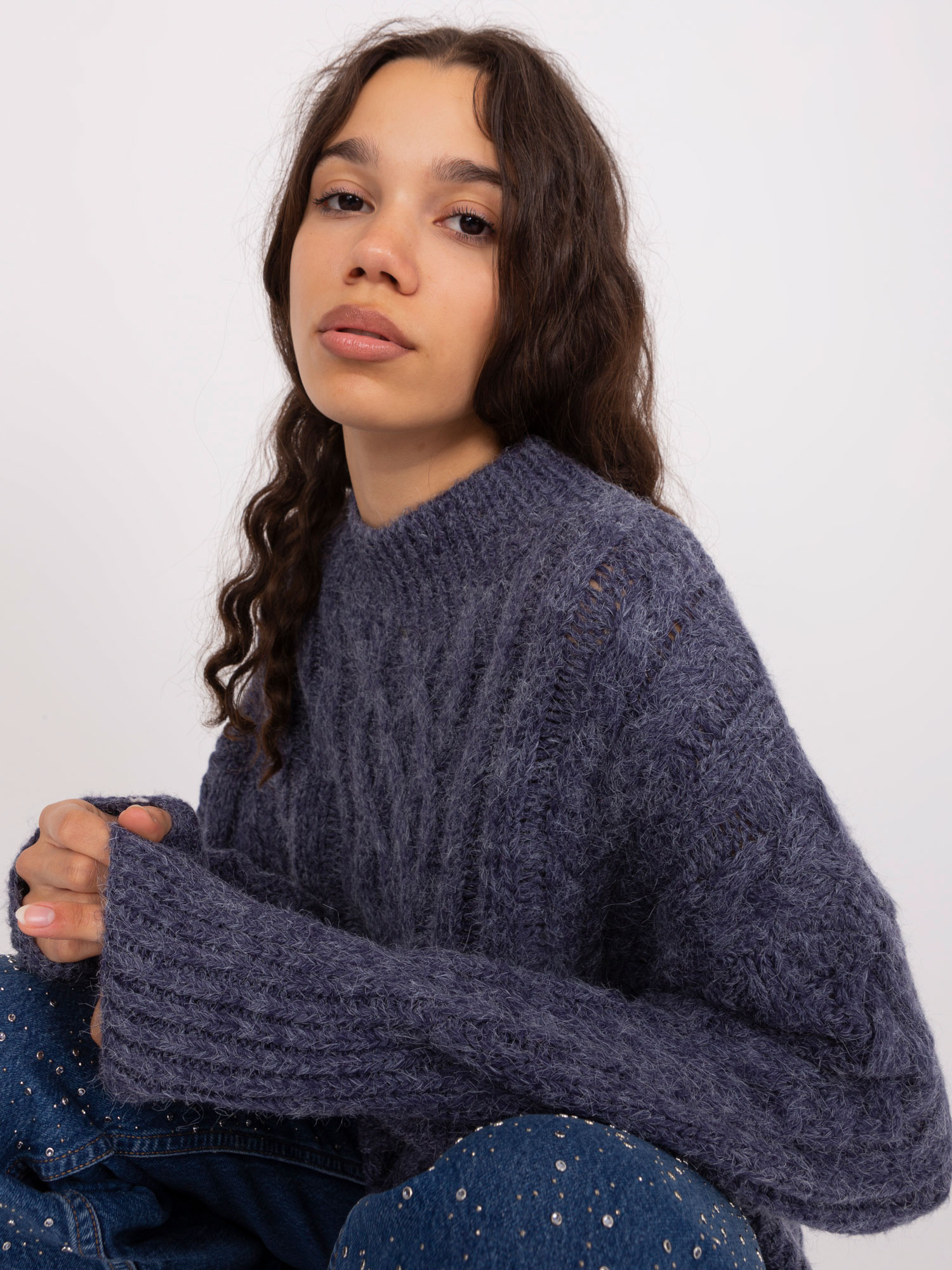 Tmavomodrý pletený rolák AT-SW-2363-2.11P-dark blue Veľkosť: ONE SIZE