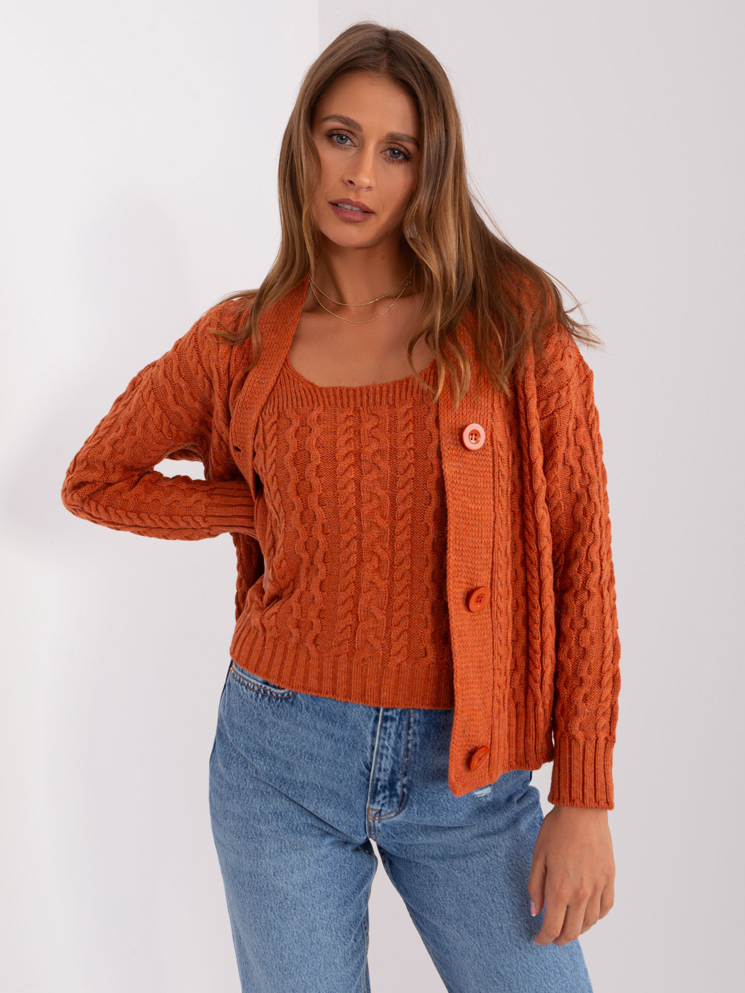 Tmavo oranžový pletený Komplet topu a svetra BA-KMPL-8018.88P-dark orange Veľkosť: ONE SIZE