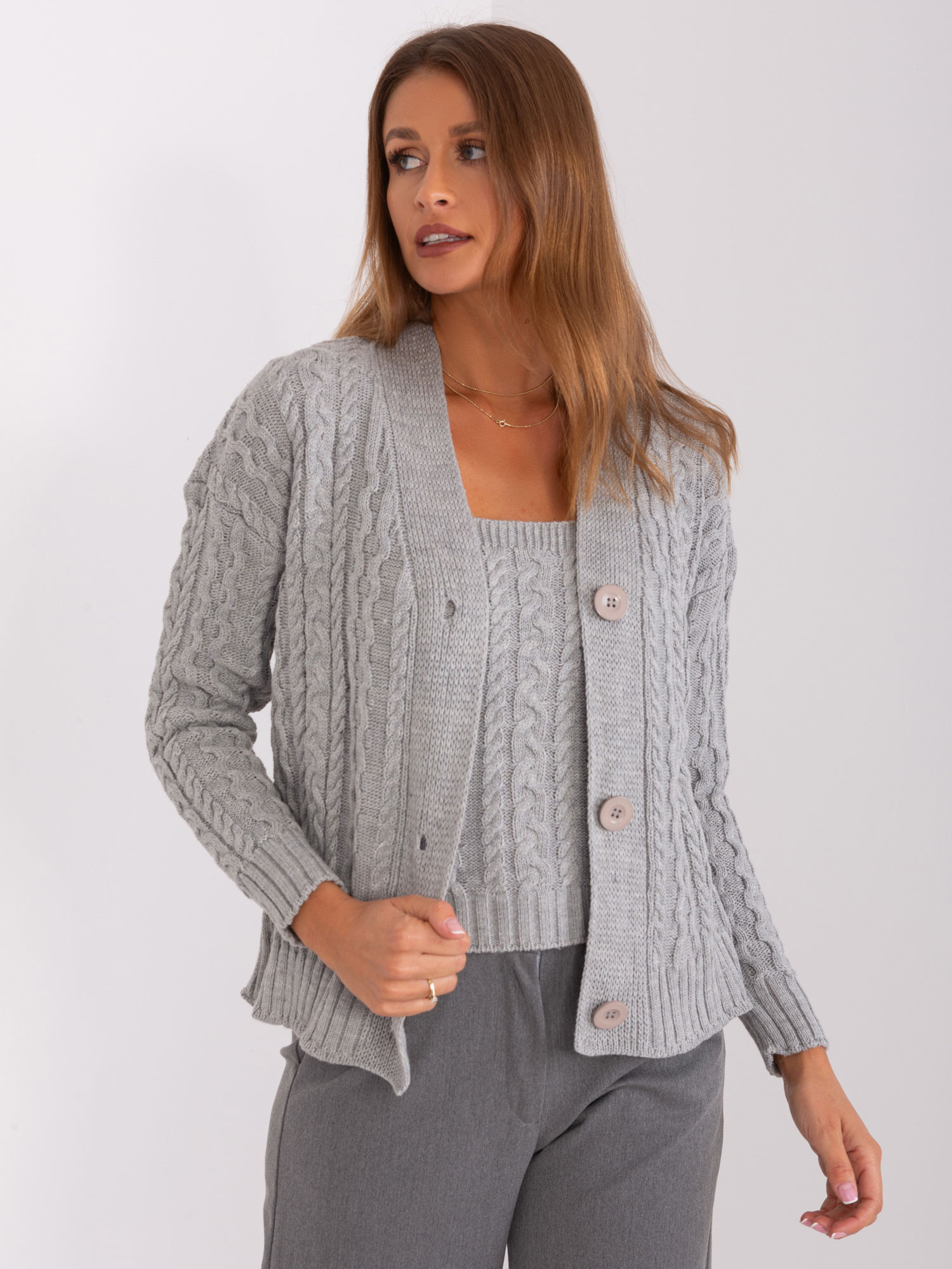 Svetlosivý pletený Komplet topu a svetra BA-KMPL-8018.88P-grey Veľkosť: ONE SIZE