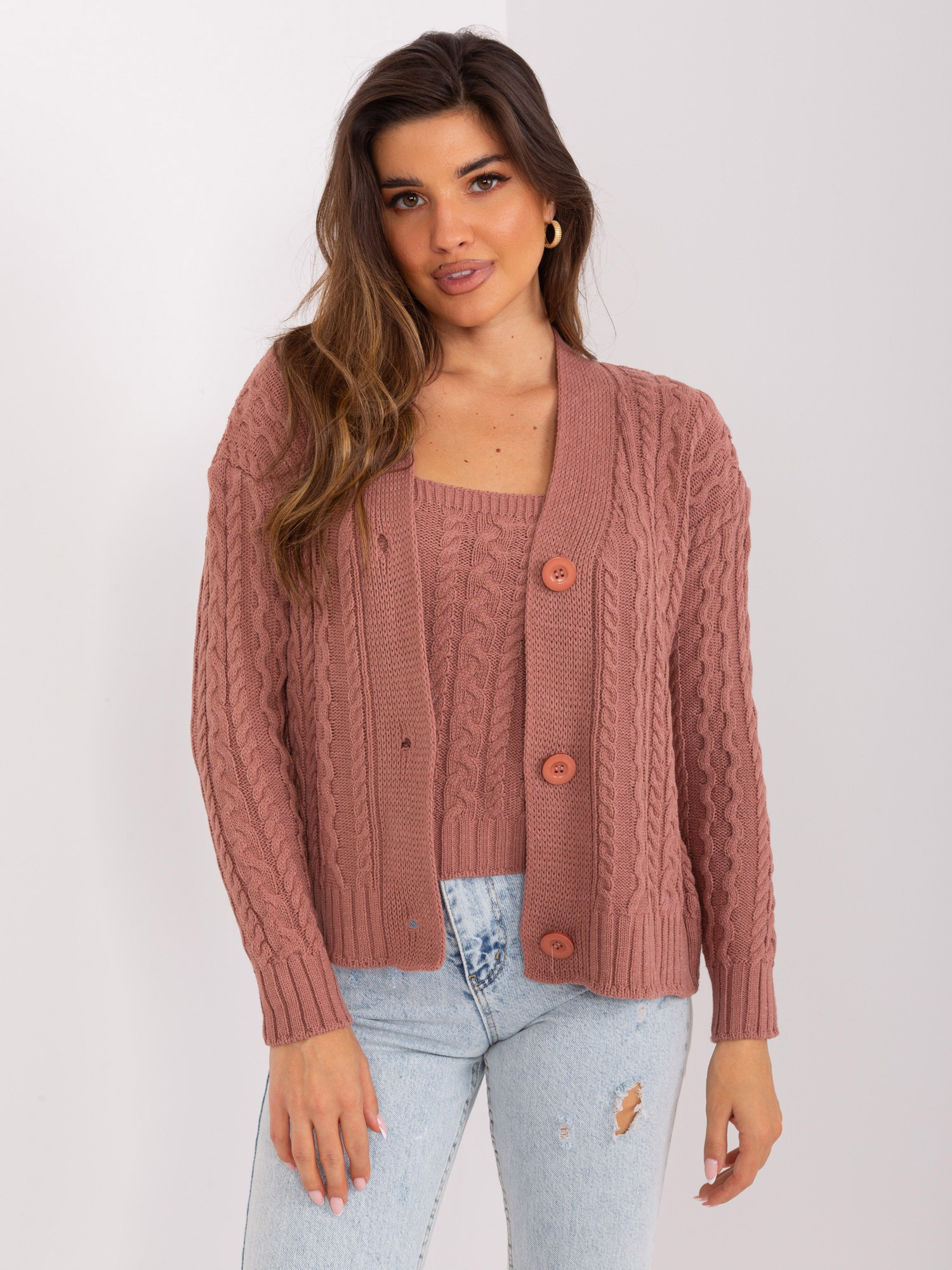 Tmavoružový pletený komplet svetra a topu -BA-KMPL-8018.88P-dark pink Veľkosť: ONE SIZE
