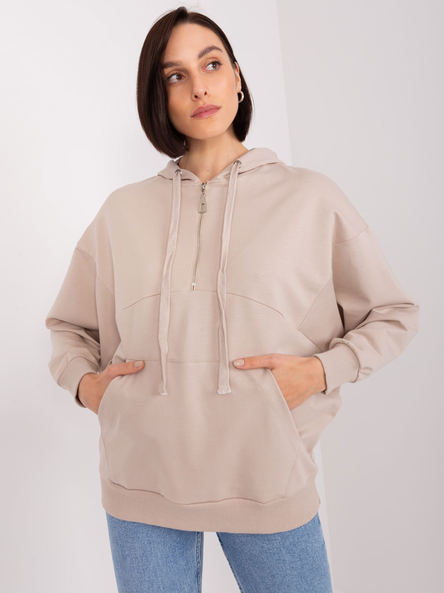Béžová oversize mikina so zipsom FA-BL-8809.80-beige Veľkosť: ONE SIZE