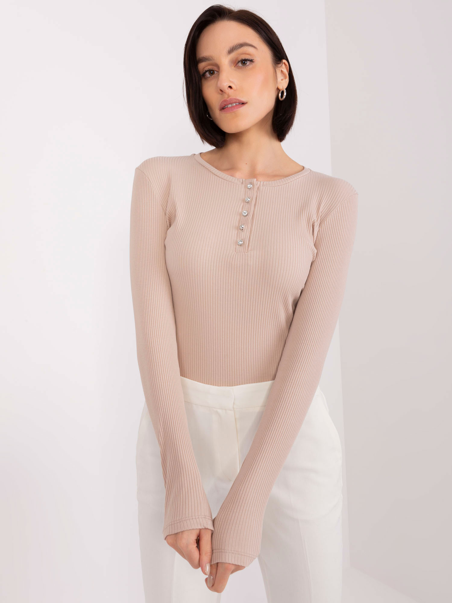 Béžové rebrované tričko s okrúhlym výstrihom RV-BZ-9211.94P-beige Veľkosť: S/M