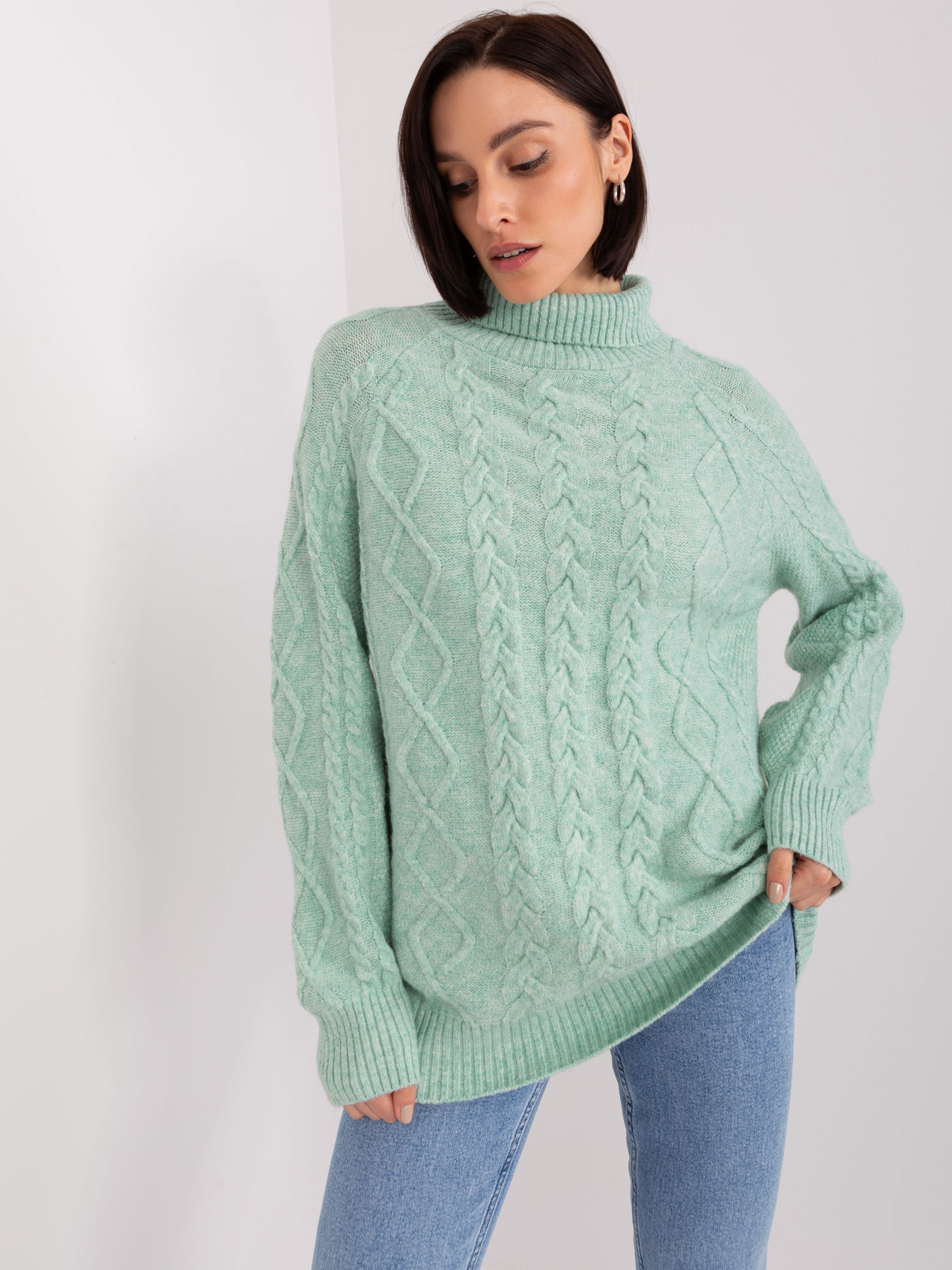 Mintový rolák s vrkočovým vzorom -AT-SW-2355-2.30X-mint Veľkosť: ONE SIZE