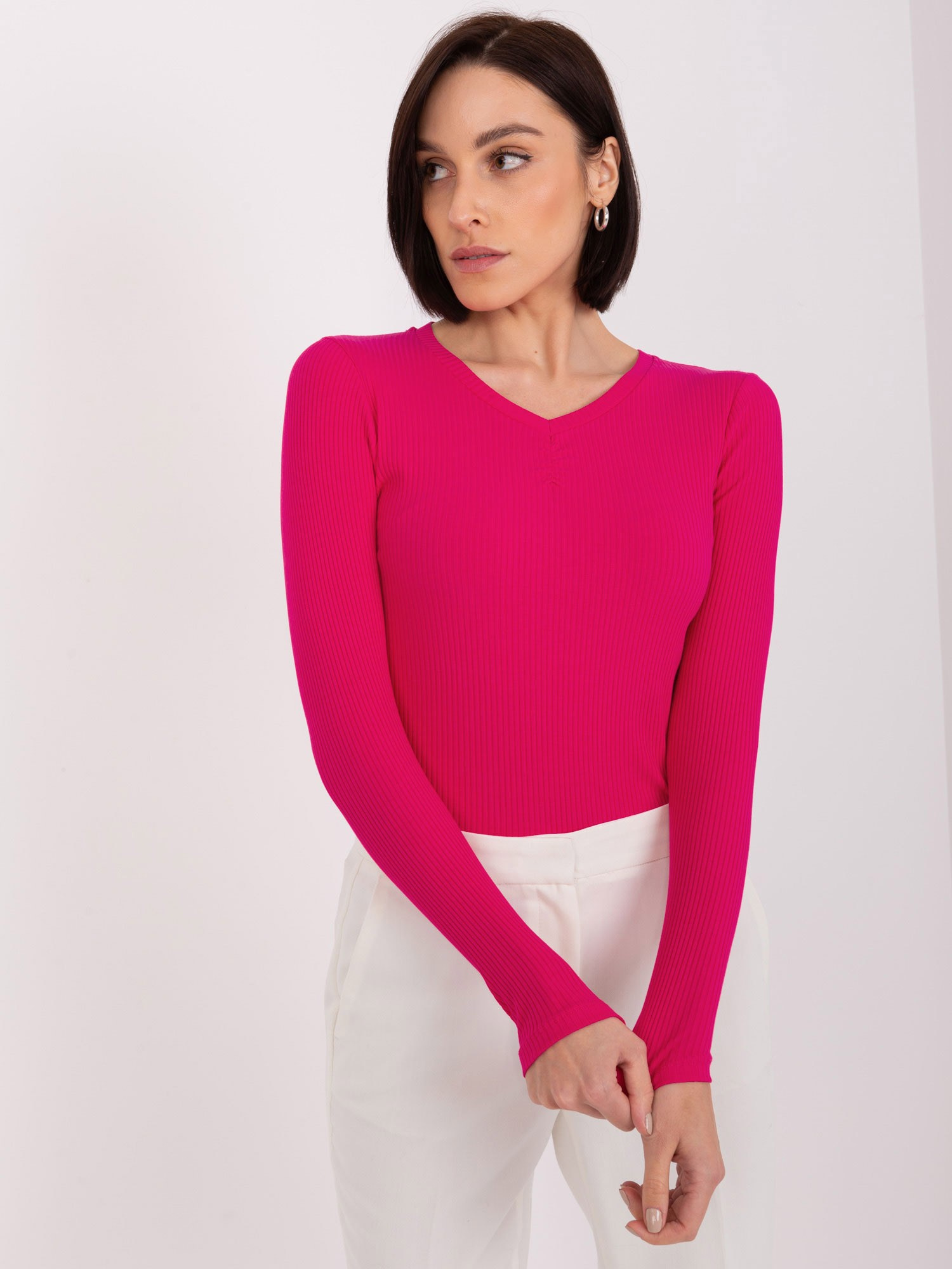 Tmavoružové rebrované tričko s výstrihom RV-BZ-9210.73-dark pink Veľkosť: L/XL