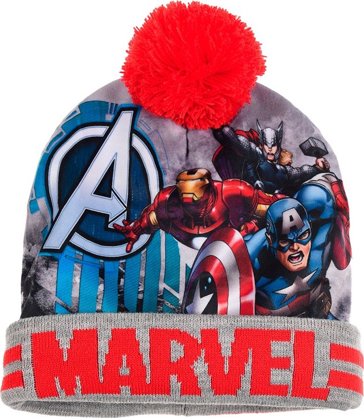 Marvel warm Avengers červeno-sivá chlapčenská čiapka s brmbolcom Veľkosť: 54