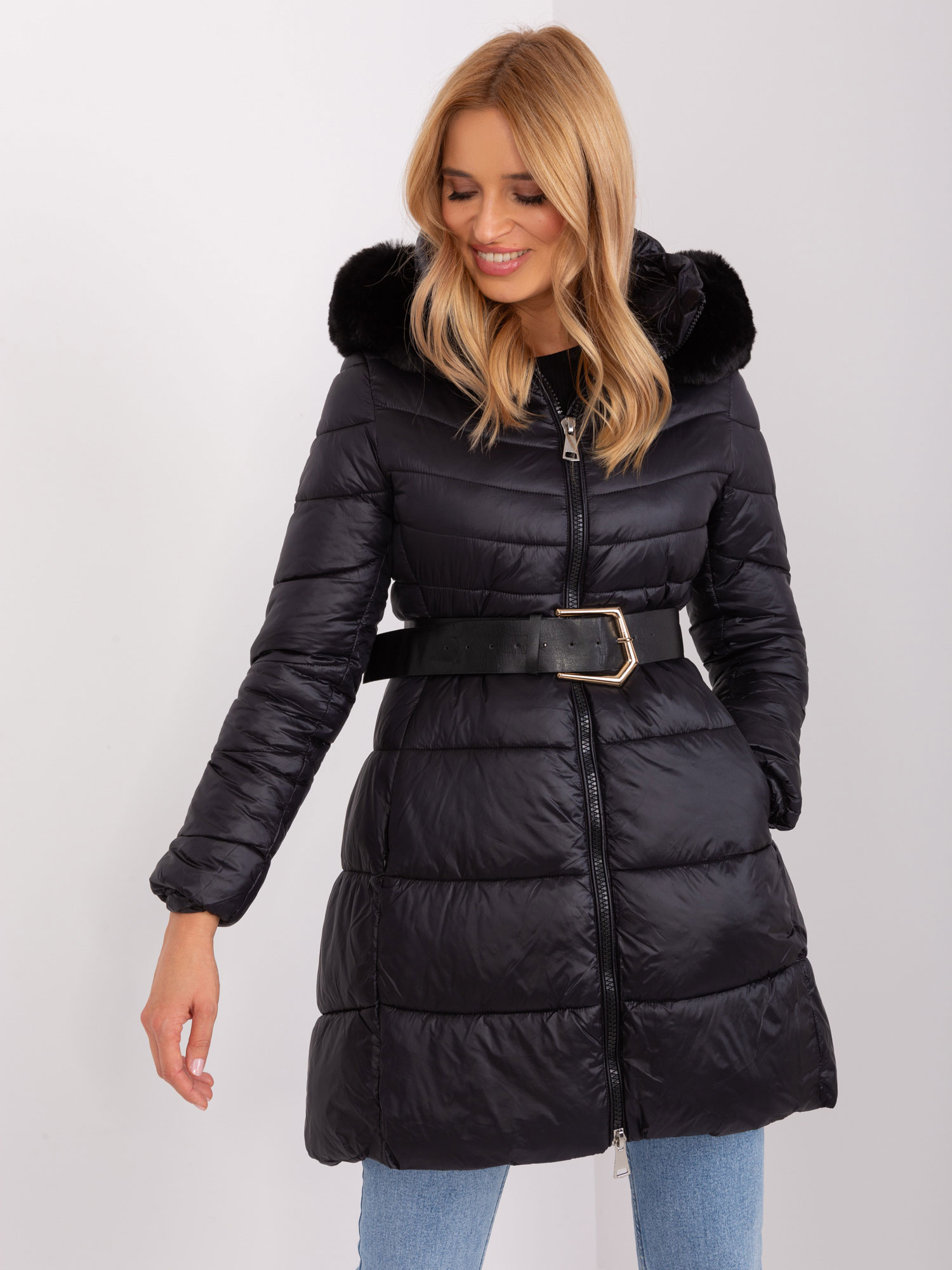 Čierna bunda s pásikom -NM-KR-TR8173.96P-black Veľkosť: M