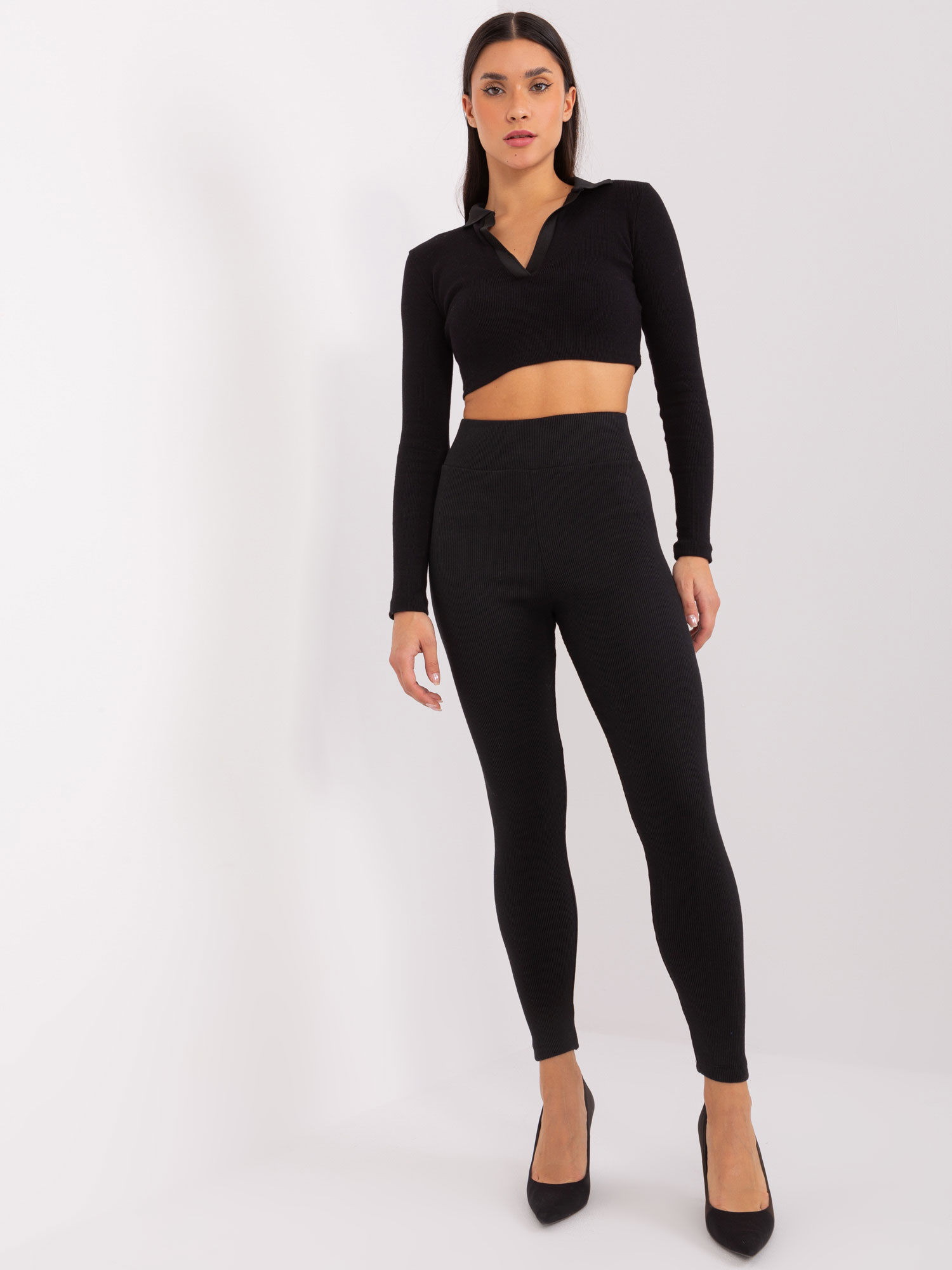 Čierne rebrované legíny s vysokým pásom LO-LG-LK-535.10-black Veľkosť: XL