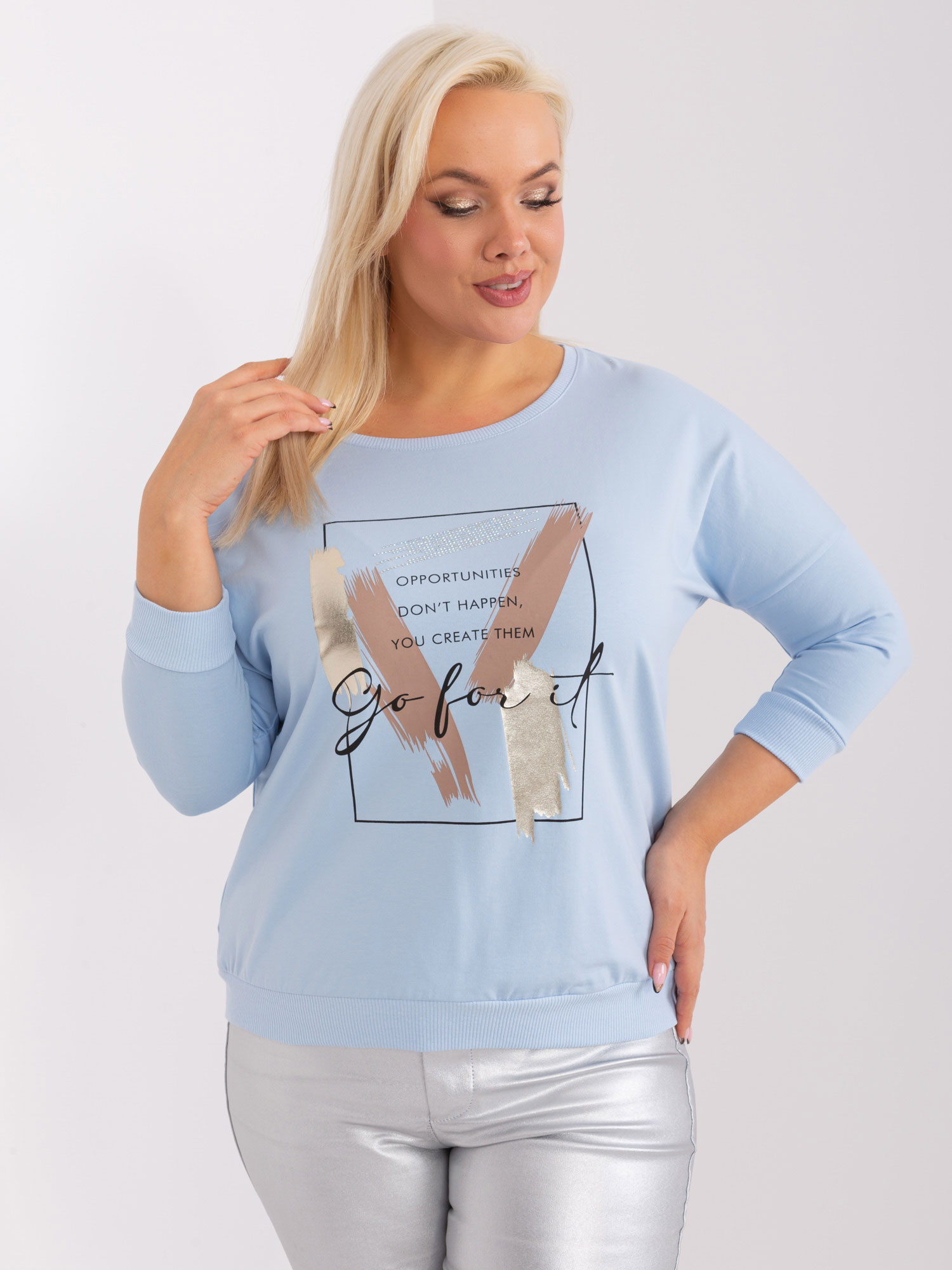 Svetlomodré tričko s potlačou a 3/4 rukávom RV-BZ-8981.31P-light blue Veľkosť: ONE SIZE