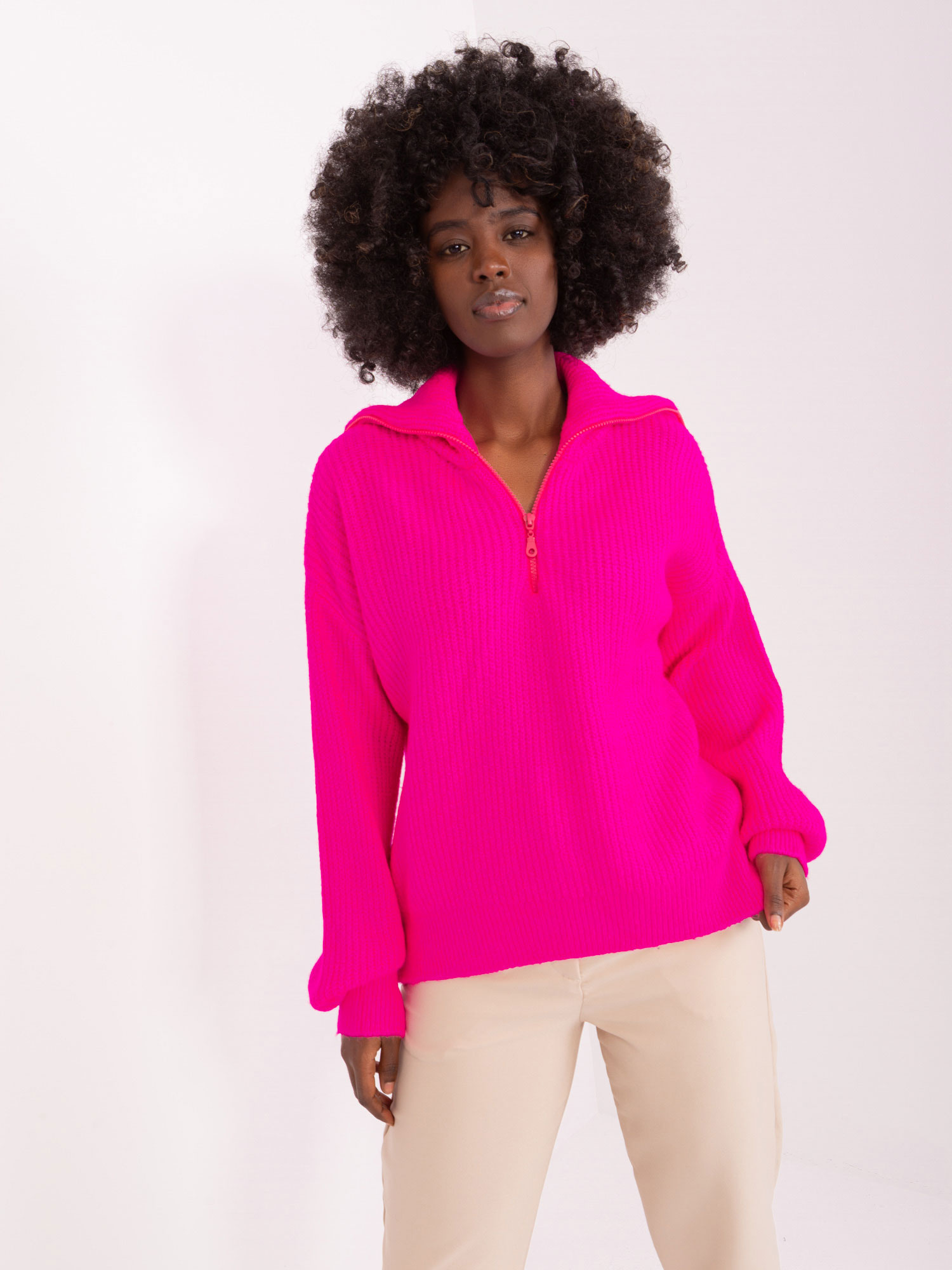Tmavoružový sveter s rolákom na zips BA-SW-0374.07P-fluo pink Veľkosť: ONE SIZE