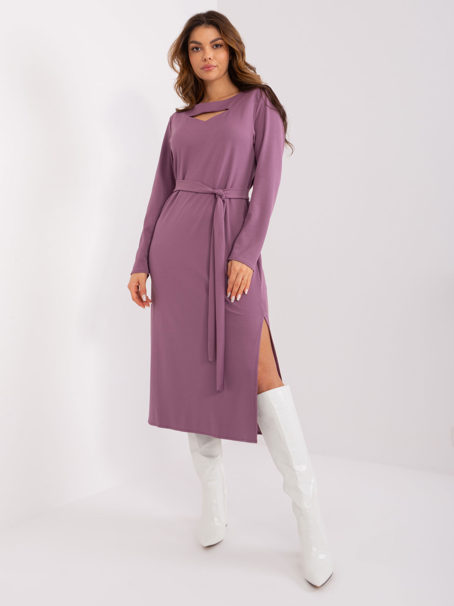 Fialové midi šaty s pásikom LK-SK-509447.75P-purple Veľkosť: S/M