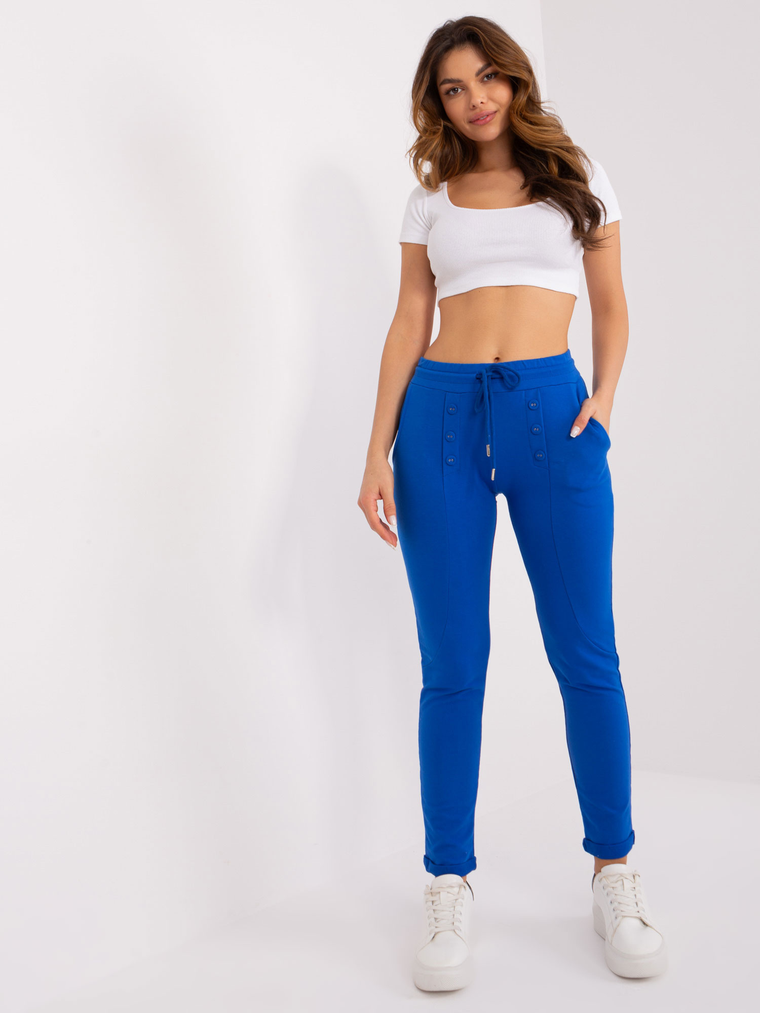 Modré tepláky s ozdobnými gombíkmi -RV-DR-8692.21-dark blue Veľkosť: S/M