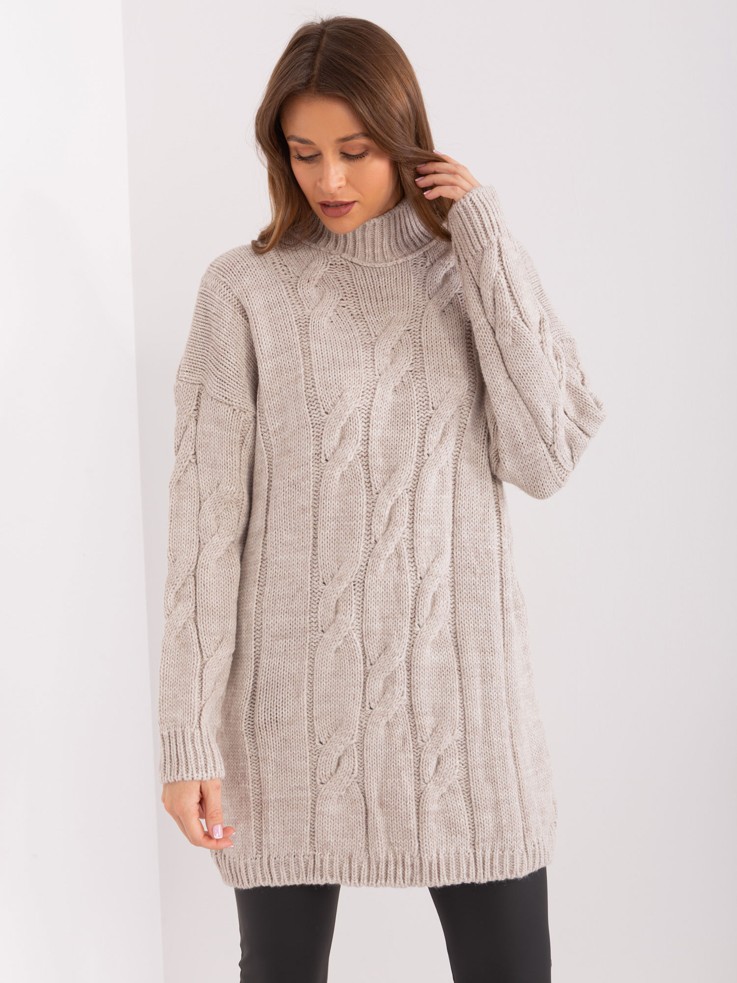 Béžové pletené rolákové šaty LC-SK-1561.72P-beige Veľkosť: ONE SIZE