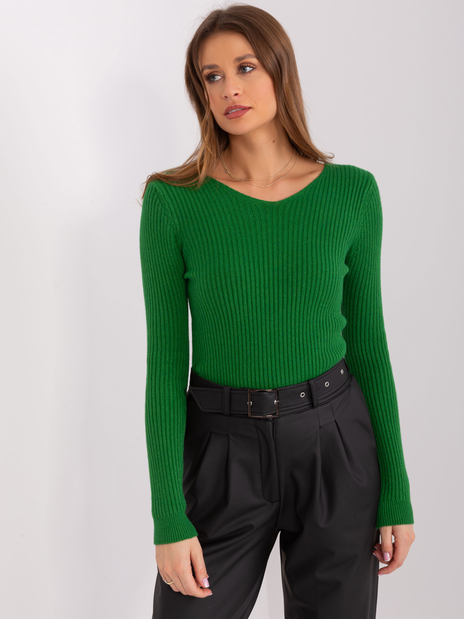 Tmavozelený rebrovaný sveter -PM-SW-WJ92927A.31-zielony Veľkosť: ONE SIZE