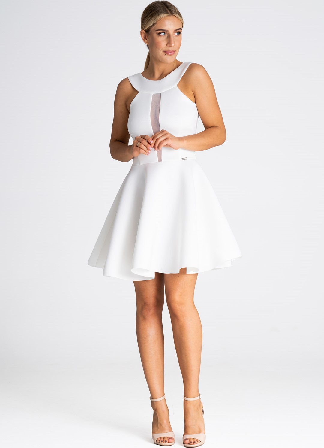 Biele mini šaty s priehľadnou vsadkou M974 white Veľkosť: S